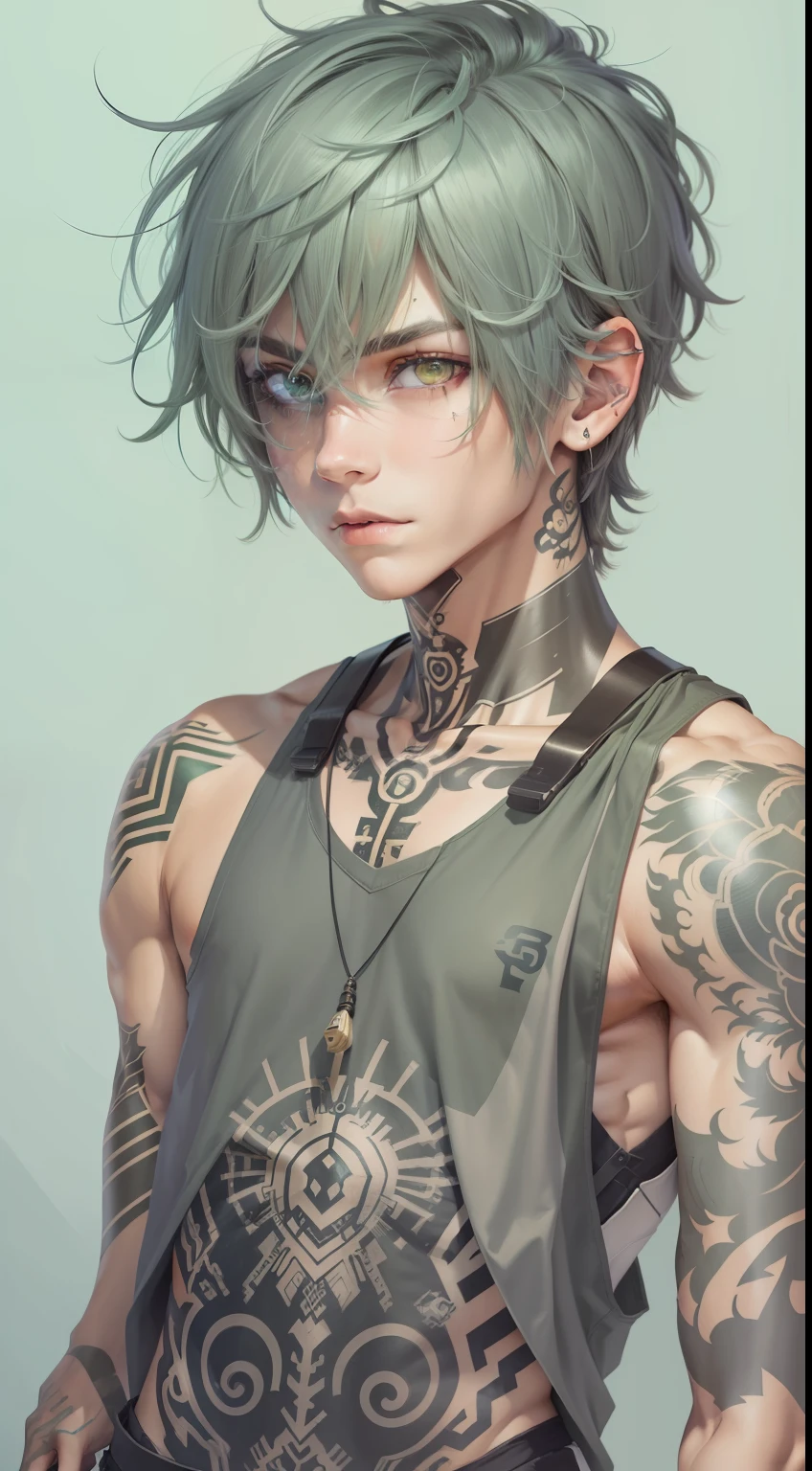 A 15-year-old cyborg boy,Has attractive eyes, Gray-green hair, and a sleeveless shirt, His arms are decorated with intricate tattoos.