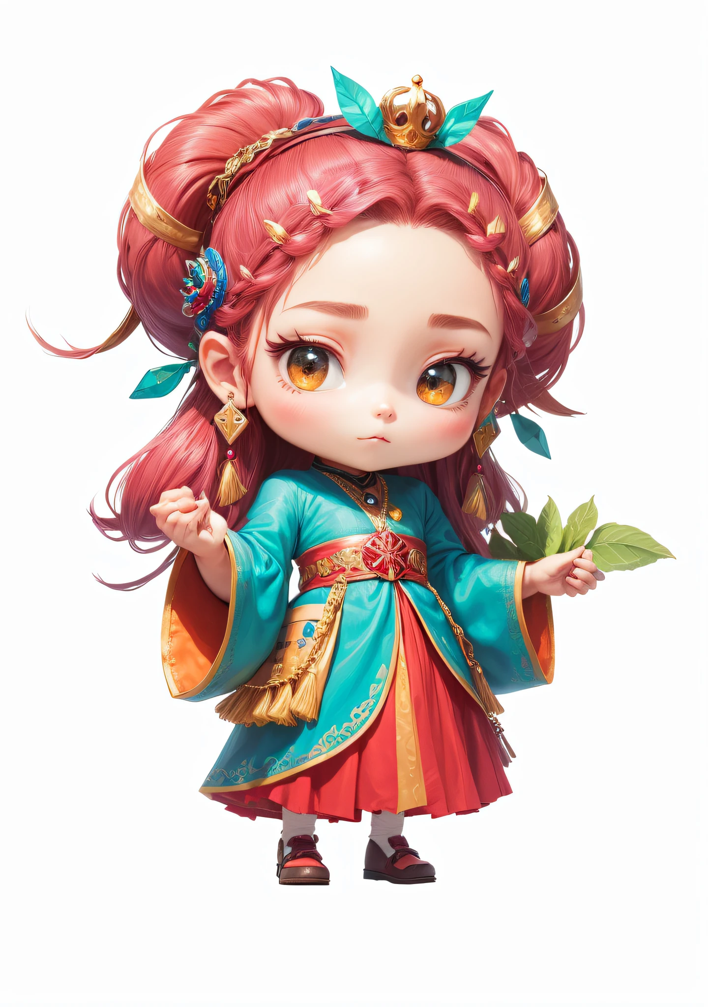 The head has a metal headband edge,(Metal edge 2.8)Earring jewelry,(Earring tassel 1.2),There are gemstones on the head,(Jewel 1.1),A princess,