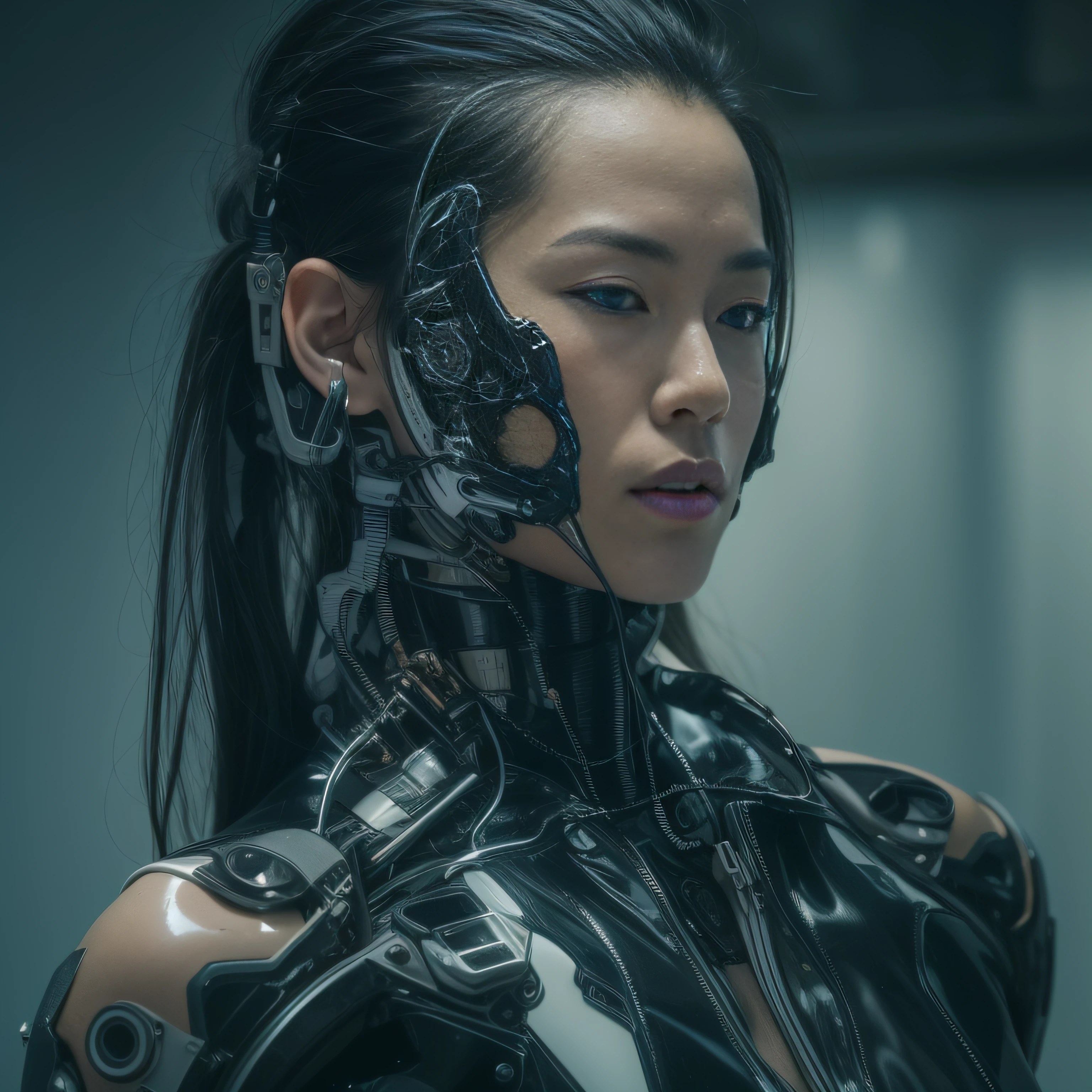 (Alfid man wearing black transparent latex tongs,Translucent latex pliers:1.5),(Metallic body, bionic scifi alexandre ferra, cyborg neck, cyborg male, male cyborg, cyborg fashion model, portrait of a cyborg, detailed portrait of a cyborg, cybernetic neck implant, portrait of a futuristic robot :1.3)(dystopian sci-fi character, sci - fi character, portrait of a cyberpunk cyborg:1.2)(8K,Extreme detail,Hair in extreme detail,Ultra photo realsisim,cinmatic lighting:1.1)(Asian supermodel face,Strong muscles and perfectly curved body,Extreme sexual tension,Hormonal explosion,whole body display:1.5)(Short hair, Light-colored beard, Stubble masculinity,Naked muscle man,Muscular macho,No clothes on,Only a pair of thongs was worn,Extremely sexy and provocative:1.5)(whole body display:1.5)