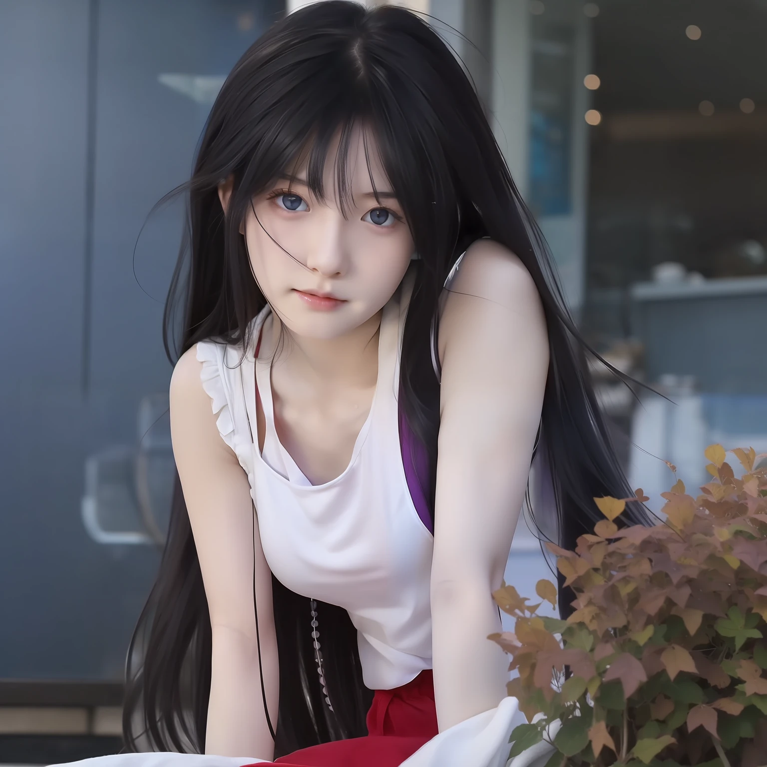girl, Mikasa, verry beautiful, beautiful eyes, beautiful hair, black hair, purple eyes, white and red tank top, realistic, ultra detail, 70mm lens,