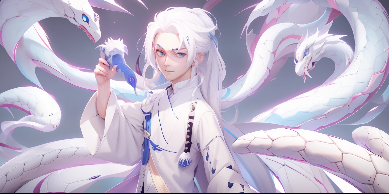 White hair anime handsome guy holding snake, Delicate facial features,white-haired god, Guviz-style artwork, Guviz, Guweiz in Pixiv ArtStation, Guweiz on ArtStation Pixiv, style of anime4 K, Anime art wallpaper 8 K, 4k manga wallpapers, Best anime 4k konachan wallpaper
