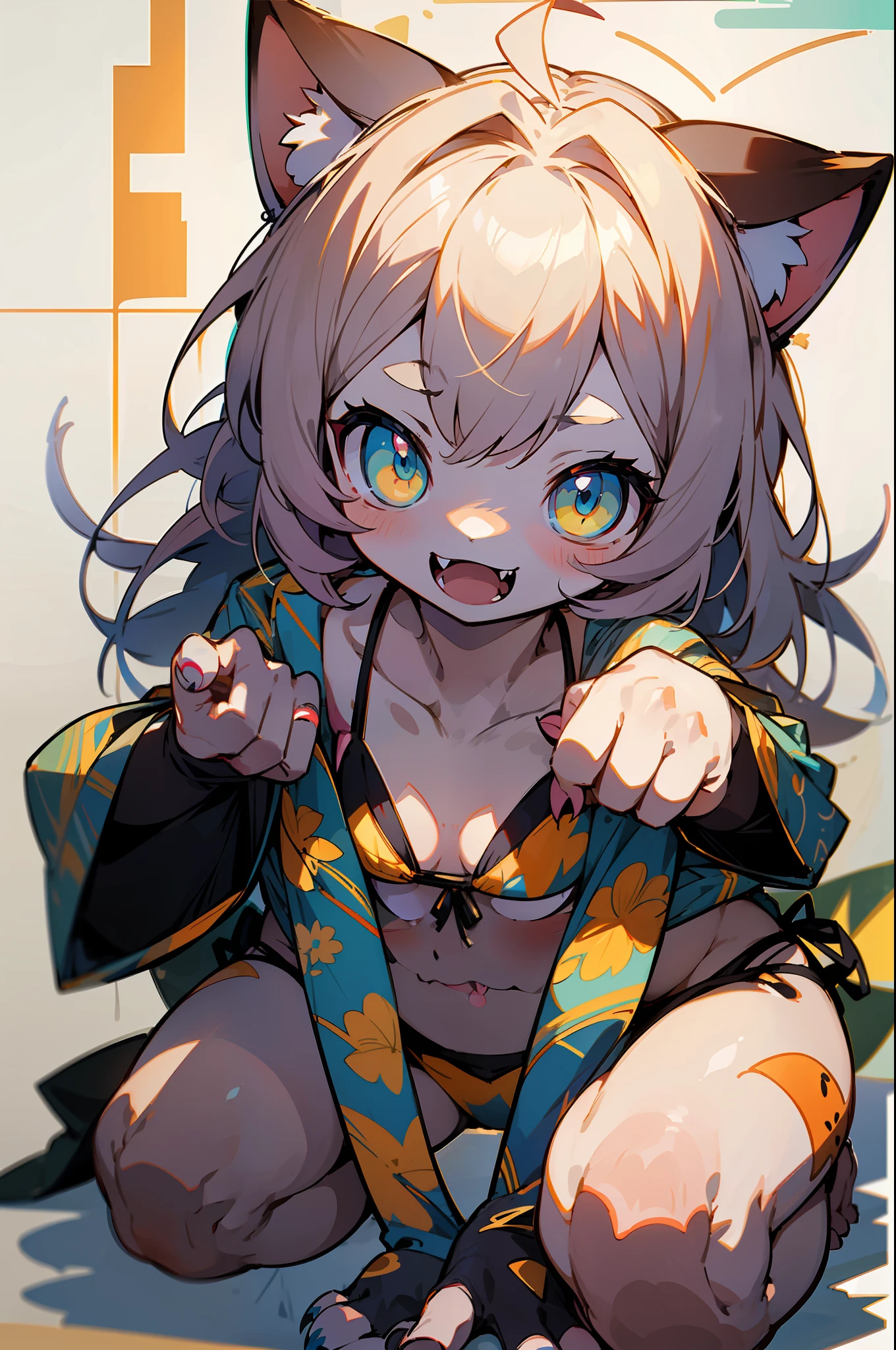 ​master piece,hyper quality, Hyper Detailed,Perfect drawing,1 beautiful girl、((maikurobikini))((Cat print bikini))、(Munchkin ears)、(Munchkin tail)、(Munchkin Palm)、Munchkin paws、Munchkin Hand、sharp claws、Sharp fangs、Eyes aiming at prey、white  hair、Dark eyes、Height 175cm、measurement B90W55H85、Kneeling、pow pause