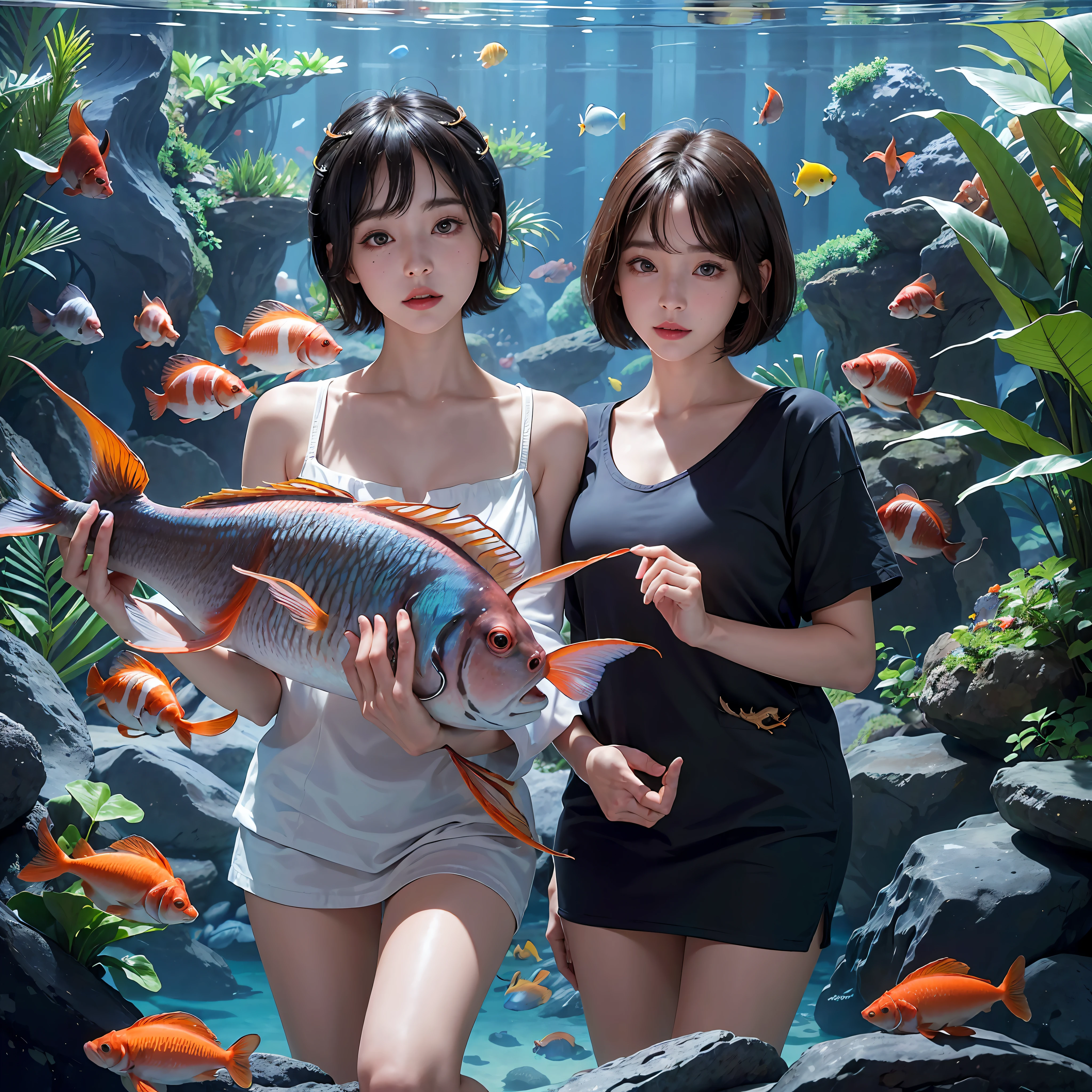 (((30-year-old woman with)))、((aquariums))、masterpiece, 1 beautiful girls, (((very_Short_hair))), Eye details, Swollen eyes, Top image quality, 超A high resolution, (Realistis: 1.4), OriginalPhotographs, 1girl in, Cinematographic lighting, japanes, very beautif, Beautiful skins, (A hyper-realistic), (hight resolution), (8 K), (ighly detailed), (The best illustrations), (beautifully detailed eyes), (ultra-detailliert), A detailed face, look at a camera, Facing straight ahead, Neat Clothing, shorth hair、A dark-haired、46-point diagonal bangs、((aquariums))、Lots of fish、(((tropical fish)))