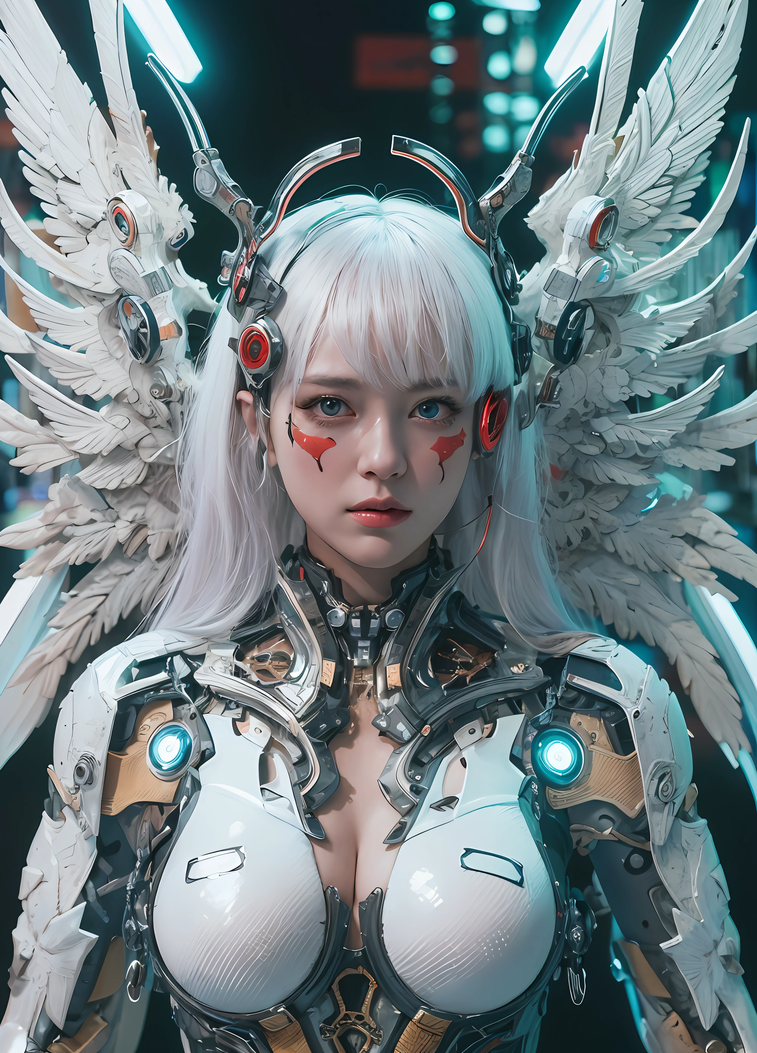 top-quality、​masterpiece、超A high resolution、(Photorealsitic:1.4)、Raw photo、Cyborg Angel、large wings made of metal、White porcelain body、white  hair、glowy skin、1 Cyborg Girl、((super realistic details))、portlate、globalillumination、Shadow、octan render、8K、ultrasharp、character edge light,Colossal tits、Raw skin is exposed in cleavage、Details of complex ornaments、Sumerian Details Hydraulic Cylinder、Small LED lamp、highly intricate detail、Realistic light、a purple eye、radiant eyes、Facing the camera、neon details、cowboy  shot、Futuristic headgear、About Cyberpunk、、