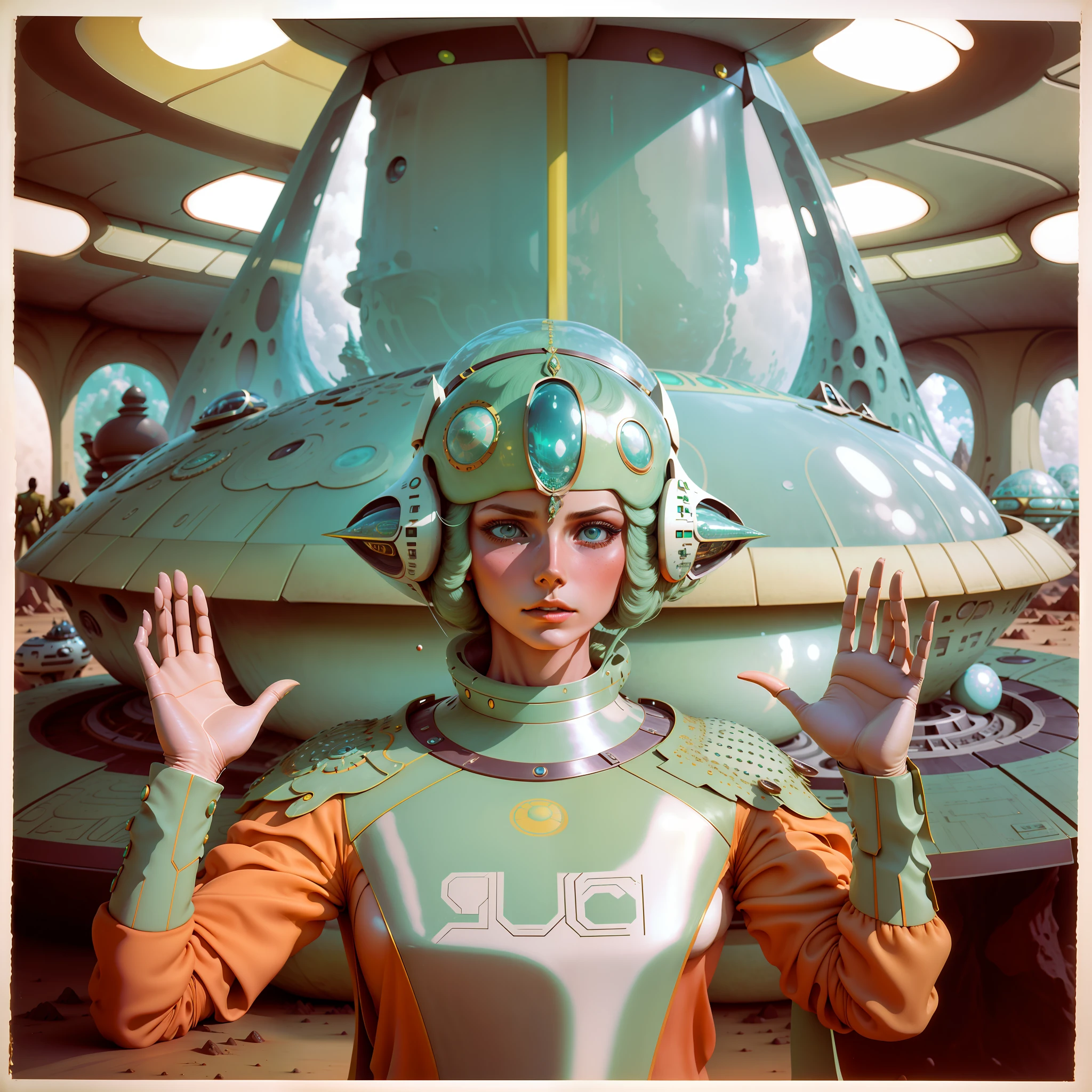 4k image from a 1970s science fiction film, pastels colors, people wearing retro-futuristic fashion clothes and futuristic technological ornaments and devices, luz natural, cinemactic, Psicodelia, retro-futurista, photo-realistic, olhos perfeitos, perfect hands, cabelo perfeito, ricos detalhes do rosto, hiper detalhado, hyper realistic, textura real da pele, texturas de tecido real, Sharp background details, sharp render.