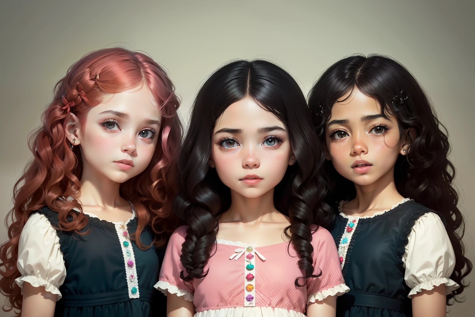 Beautiful identical triplets, todas felizes e sorridentes, todas com cabelos longos ruivos com lindas mechas douradas e levemente ondulados, todas de pele branca com um leve tom rosado, todas com olhos castanhos esverdeados, retrato detalhado, complexidade intrincada, rule of thirds, Sunset, Tinta fosca, luminescente, Artistic Station, arte conceitual, Arte Nova, Ilustrativos, Smooth and sharp focus Highly detailed, Maximalista e Realista.