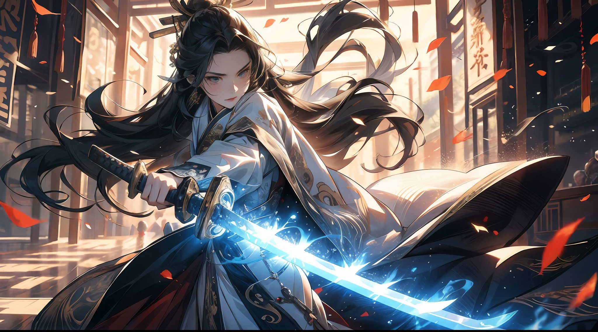 Best Picture Quality，tmasterpiece，超高分辨率，16K，Very detailed faces，art  stations，poster for，ink wash style，Absolutely beautiful，A girl with a sword，sliver long hair，long hair flowing，katana swords，Chinese long dress in white silk，Hanfu，embroidery，Slashing action，bamboo forest background，Dramatic composition，电影灯光，Mid-side shooting，Petals falling in the air