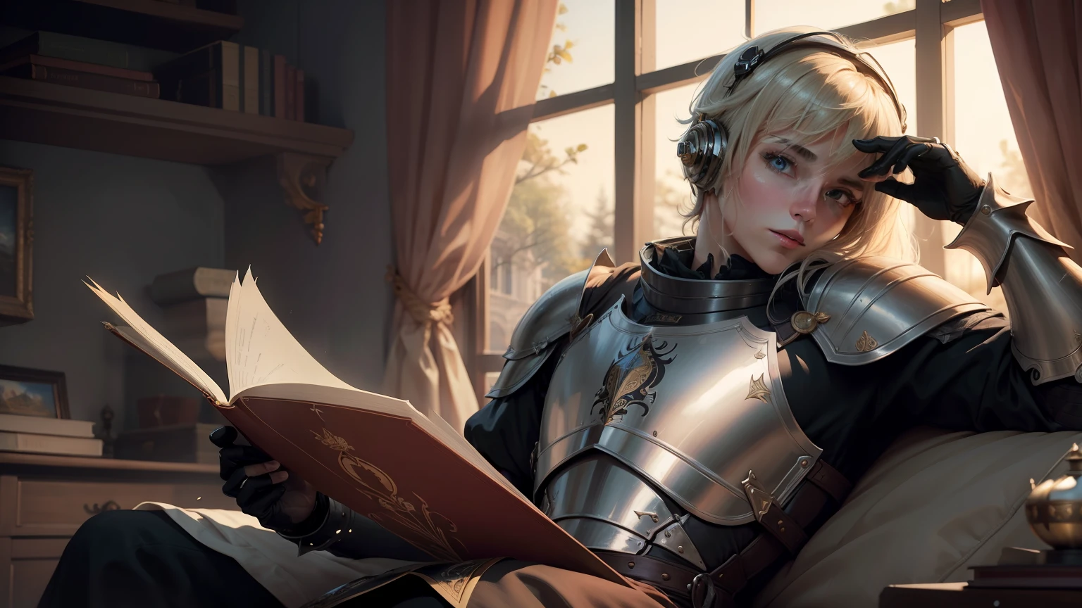 ((4k,masterpiece,best quality)), ai dressed as knight that reads story