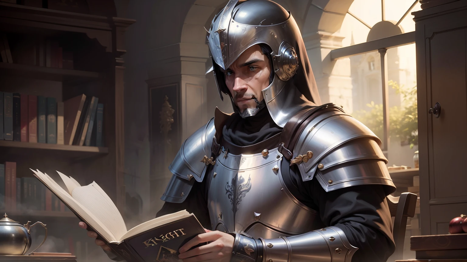 ((4k,masterpiece,best quality)), ai dressed as knight that reads story