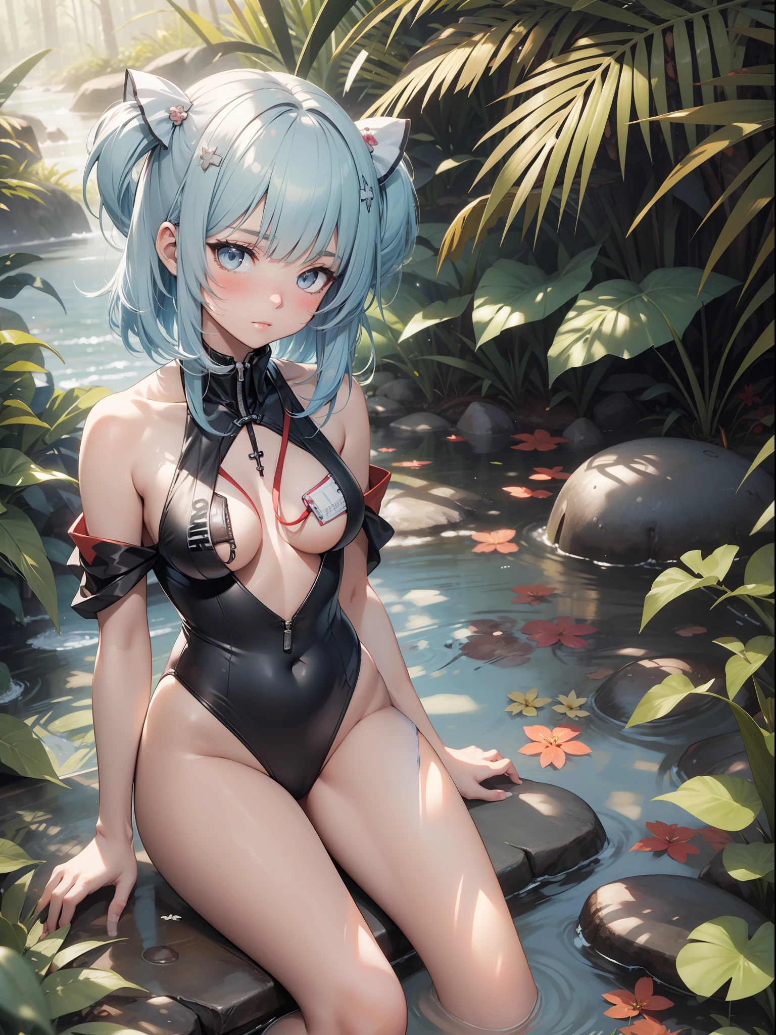 Top quality ultra-detailed CG art、Swimsuit with animal print、Light blue hair、Oblivion colored eyes、Mid summer、sixteen years old、Infant body type、red blush、sitting on、jungles、