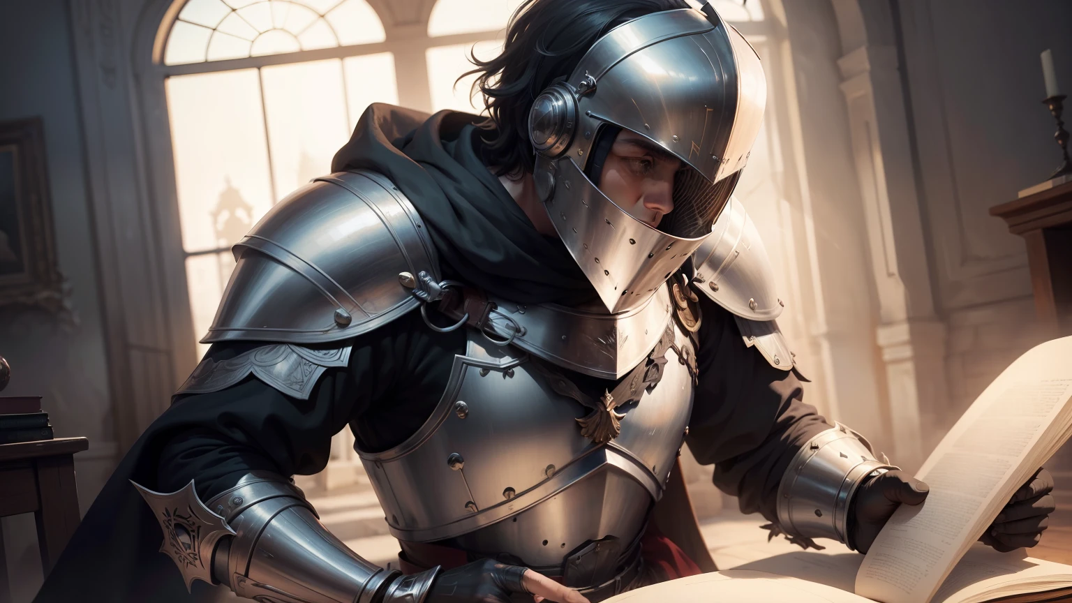((4k,masterpiece,best quality)), ai dressed as knight that reads story