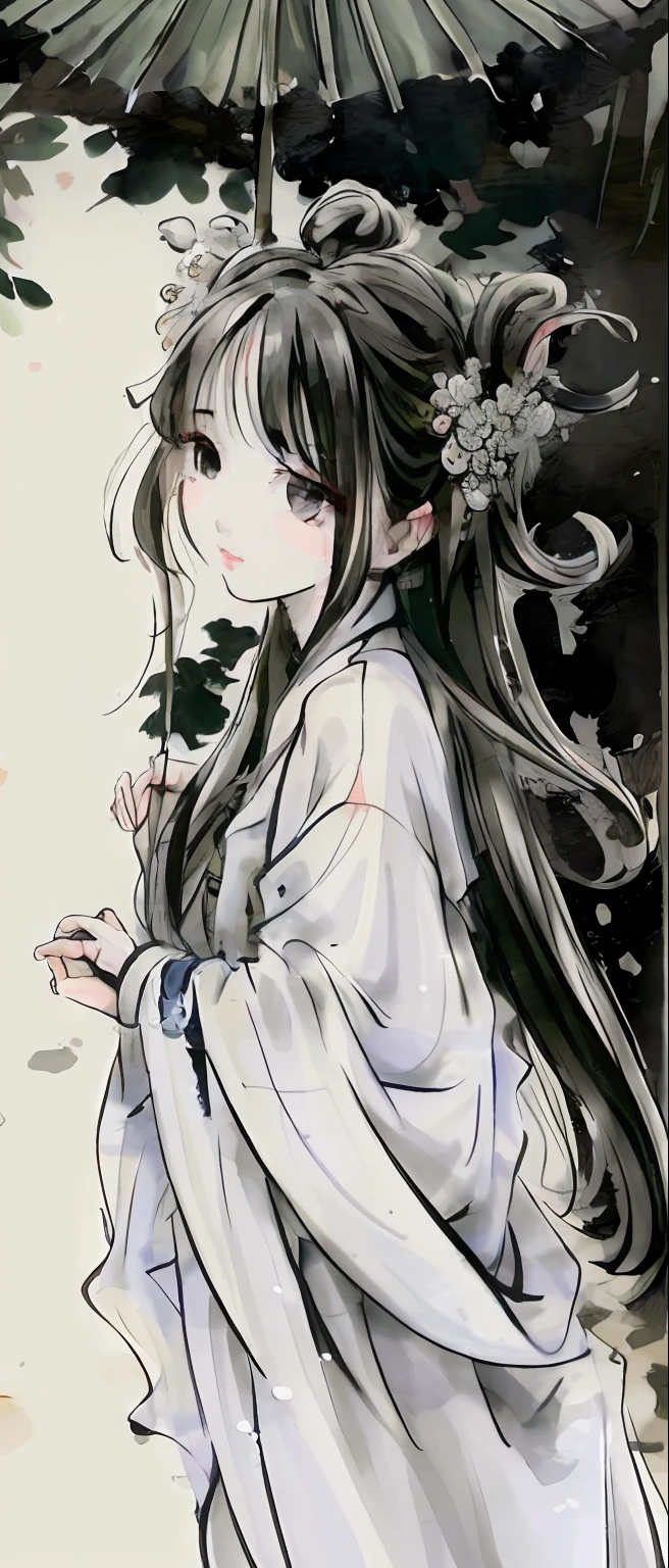 ((4k,masterpiece,best quality)), shuimobysim, Traditional chinese painting, lotuses, Hanfu, maxiskit, dress conservatively 1 girl, 独奏, whaite hair, long whitr hair, white colors,
