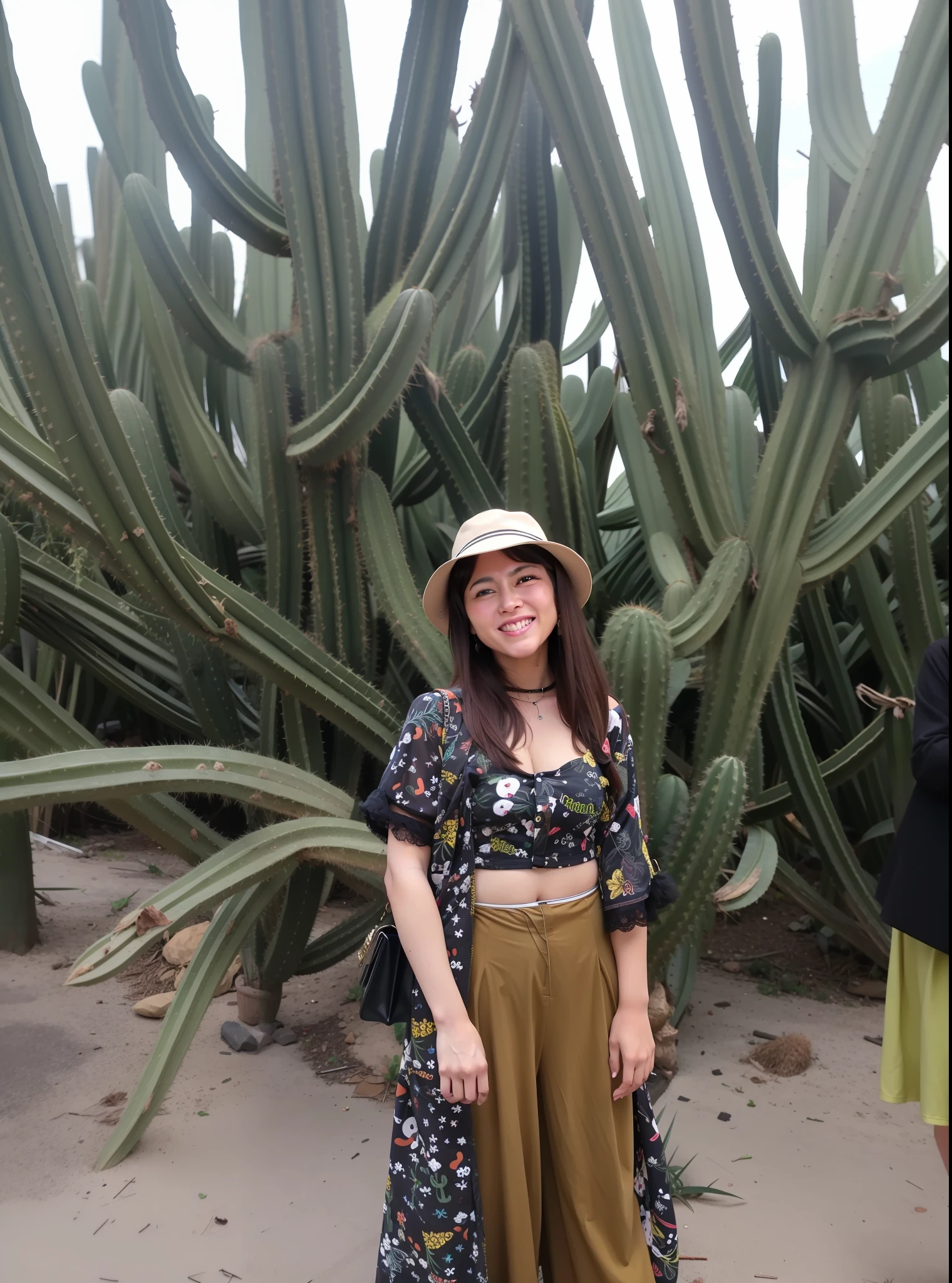 The woman's facial features are the same as the original picture,Now next to the cactus,Bigchest,There is cleavage,The costume does not change,No excess meat,evening light,ventania,Hairline,Raised sexy,