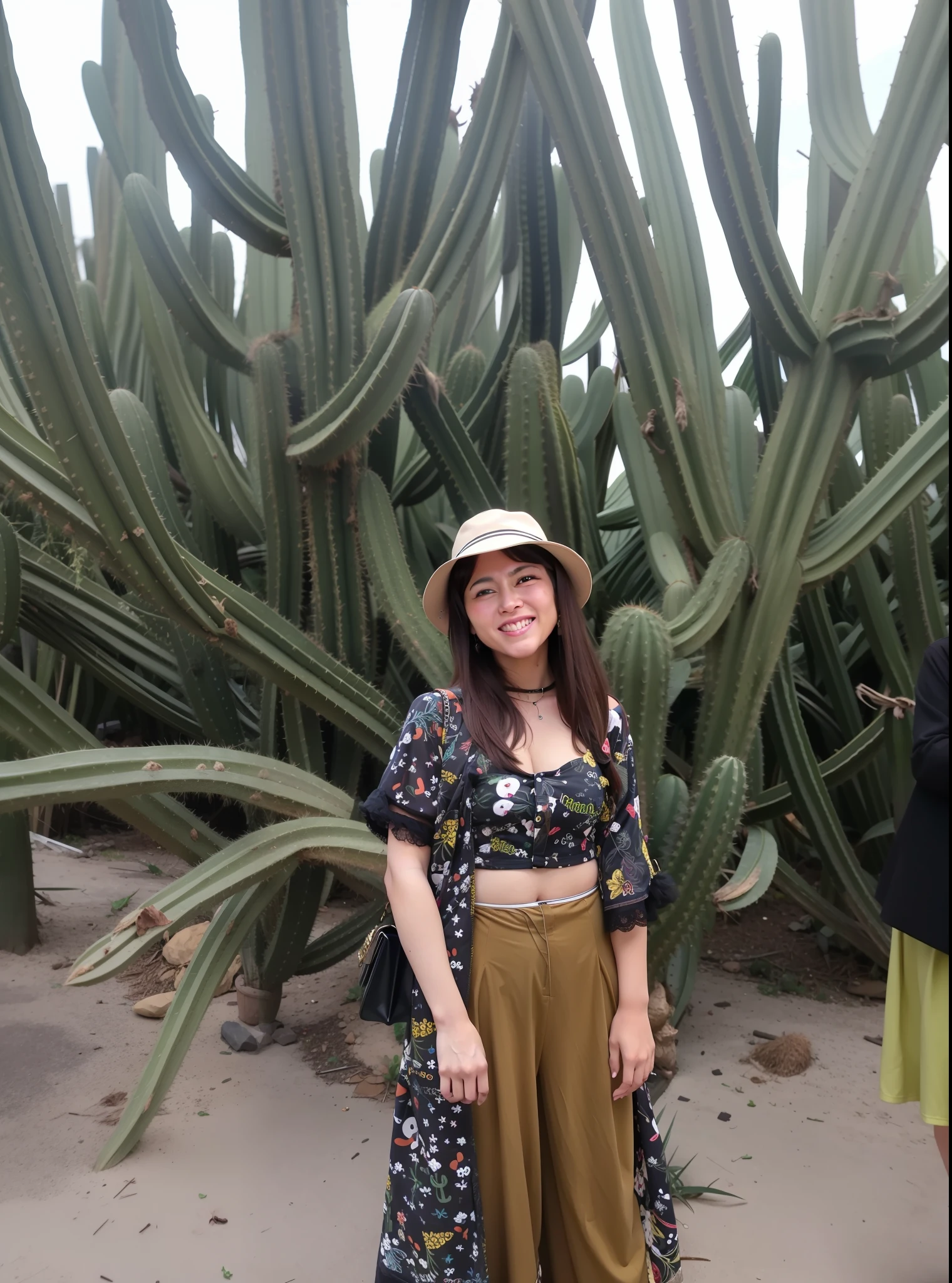 The woman's facial features are the same as the original picture,Now next to the cactus,Bigchest,There is cleavage,The costume does not change,No excess meat,evening light,ventania,Hairline,Raised sexy,