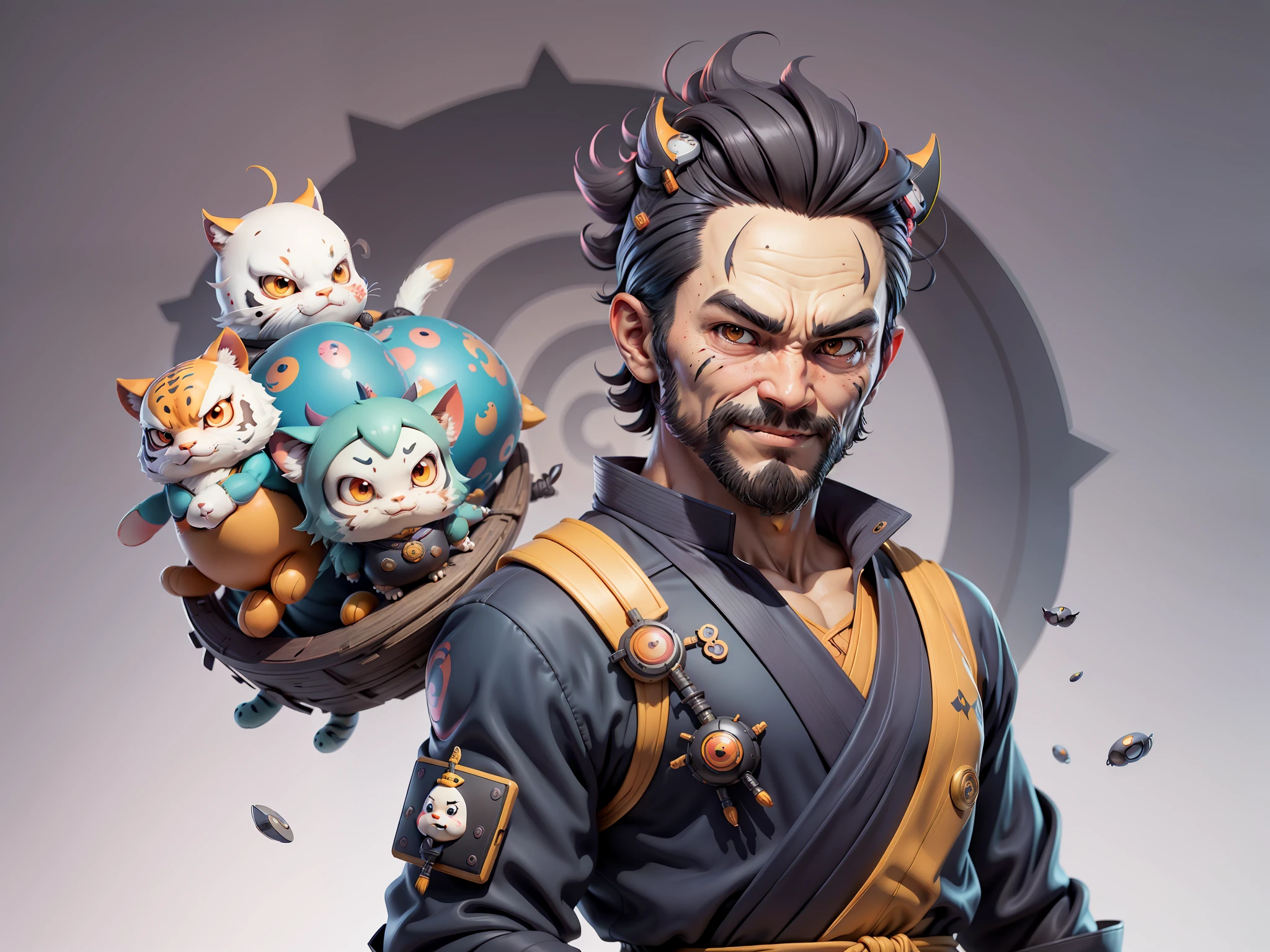 (Daisaku),(Need),(Super meticulous),(full bodyesbian:1.2),Super young man with Japanese geisha,Beautiful,orient,one tiger,Aeolian Thor,Raised sexy,爆乳,Oriental face,TV Anchor,Bust portrait illustration,In black suit,a blue tie,The face is slightly chubby,The face was clean,without a beard,Black super short hair,Black eyes,Smile confidently,3C computer sub-products,iPad, iphone,Digital painting,3D character design by Mark Clairen and Pixar and Hayao Miyazaki and Akira Toriyama,The illustration is a high-definition illustration in 4K resolution,With very detailed facial features and cartoon-style visuals。