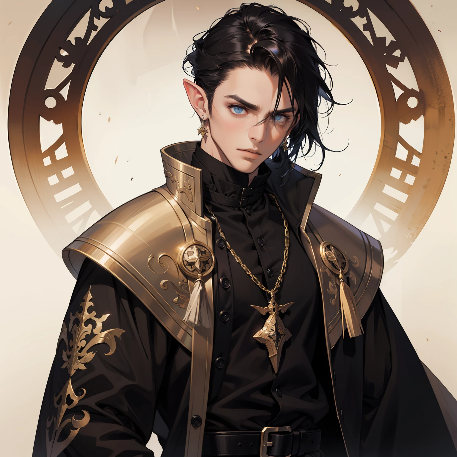Male mage，with black curled hair，Elves，Black costume，Capable and elegant，is dressed in armor，Wearing earrings，goth style。Western fantasy style，Concise background。Concise background