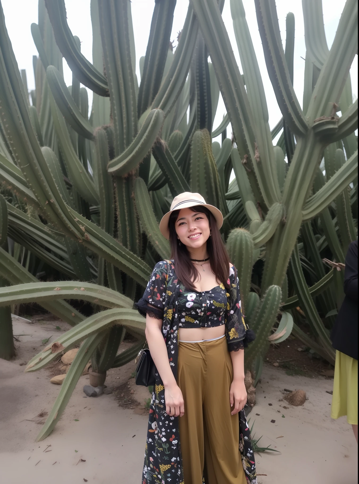 The woman's facial features are the same as the original picture,Now next to the cactus,Bigchest,There is cleavage,The costume does not change,No excess meat,evening light,ventania,Hairline,Raised sexy,