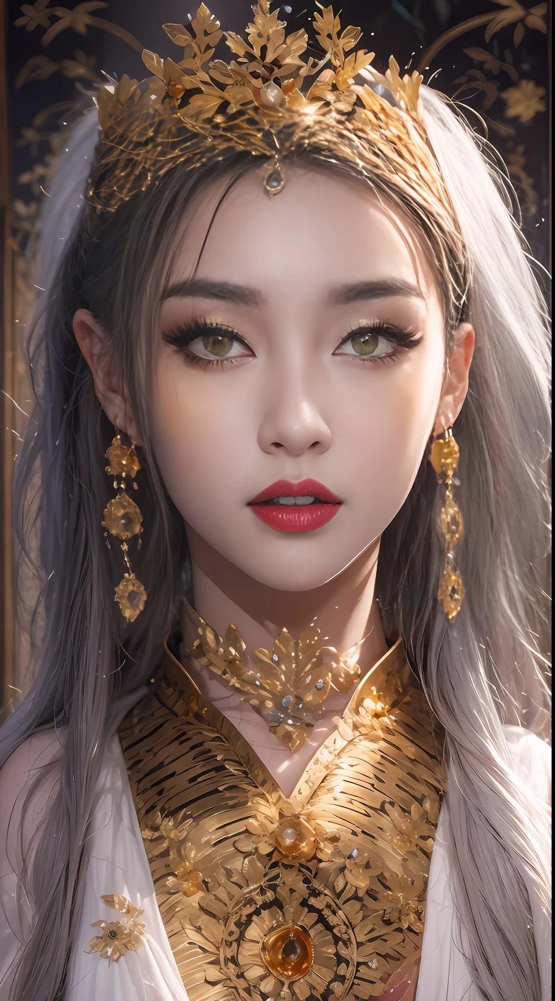 1 beautiful 27-year-old saint, charming adult saint in a long dress made of thin silk, beautiful saint with an old face, adult, wearing a thin multicolored silk dress, beautiful face without blemishes, (((Natural smile:1.0))), ((flat bangs:0.5)), (((platinum long hair:0.5))), big crown, hair brooch, hanfu dress, chinese ancient style, full body jewelry, forehead tattoo, super even chest, beautiful and pretty face, The most beautiful and detailed light red lipstick, ((Thin plump lips:0.3)), ((Golden Eyes color:1.6)), Detailed and delicate lighting effects, light and dark, dramatic lighting, magical light, extremely detailed light, true color, super sharp, realistic, 8k quality, fantasy universe background, saints and magical space, the most detailed images, ((Solo:0.3)), ((a saintess:0.6)), ((looking directly at the saint's upper body:0.4)), upper body, ((smooth skin:0.5)), ((the holy woman's veil:0.6)), ((solo:0.5)), ((alone girl:0.4)), female saint portrait, short images, Upper body portrait, [open mouth], Digital Realistic,