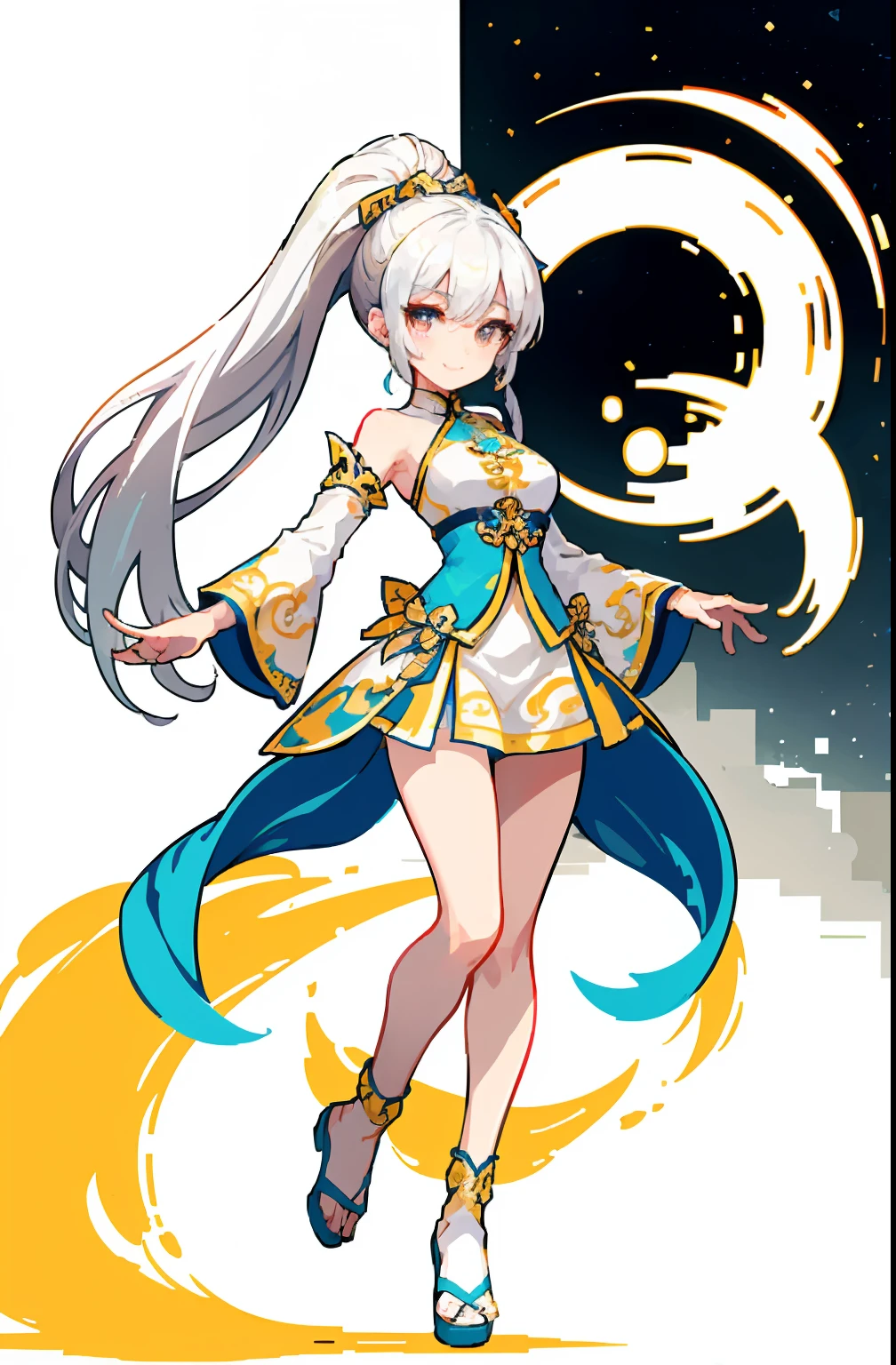 (offcial art:1.5,品质最佳,finedetail)full bodyesbian,Beautiful white girl,Chinese mythology style fantasy world costume,white skirt,Long, Flowing white hair,Very long ponytail,refined demeanor,light smile,Heroic,The body is graceful,beautifullegs,perfect bodies,Elegant and flowing。