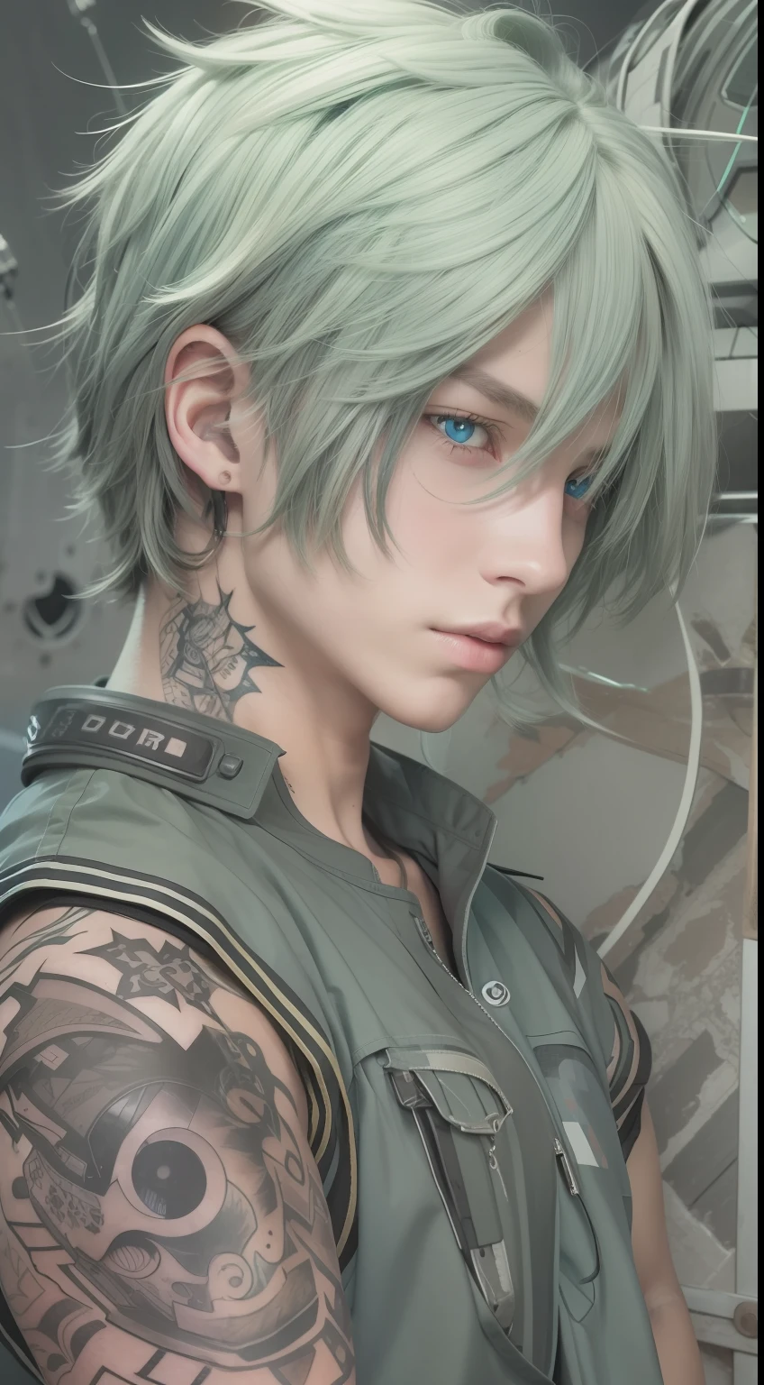 A 15-year-old cyborg boy,Has attractive eyes, Gray-green hair, and a sleeveless shirt, His arms are decorated with intricate tattoos.