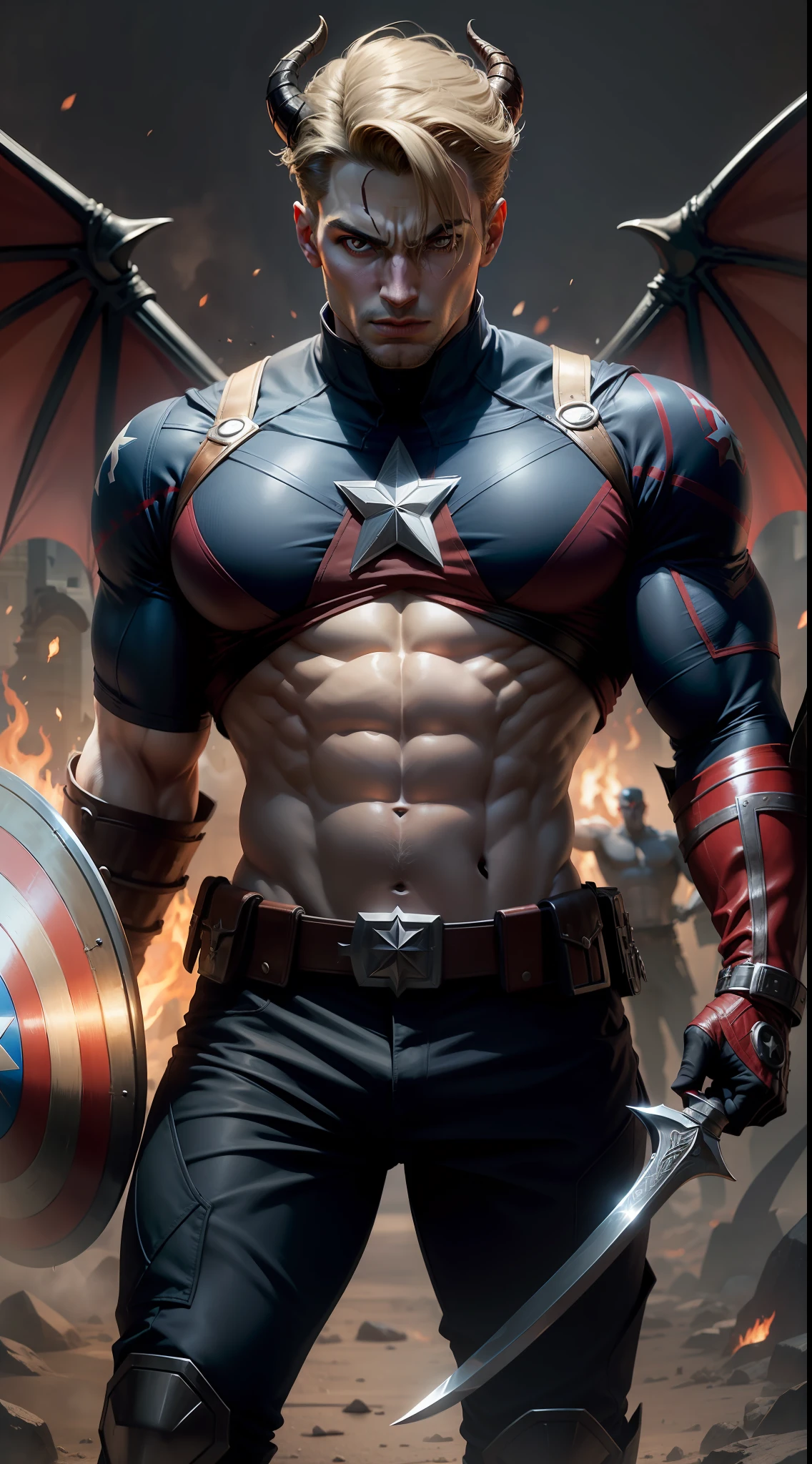 captain america with a dragon on his chest and a sword, fit captain america demon with white horns, captain america vampire of clan banu haqim, demon captain america, captain america djinn man demon hybrid, demon lord, captain america demon, muscled humanoid balrog demon, vampire of clan lasombra, demon hero, captain america male demon, demon berserker