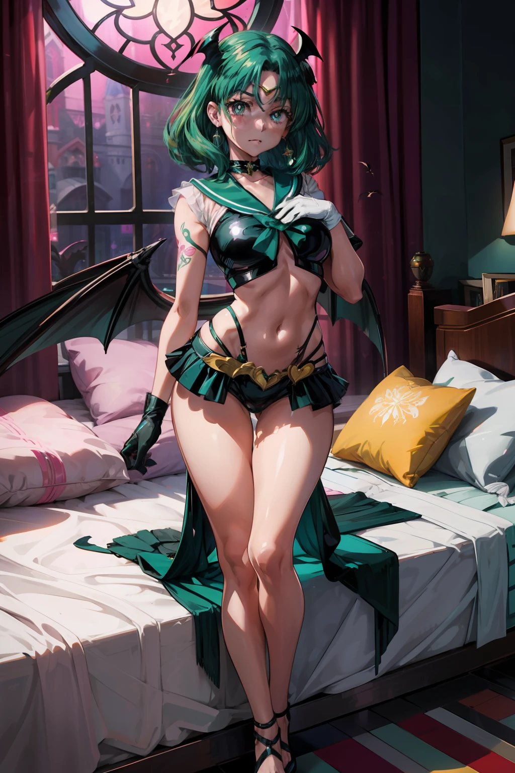 a closeup, 1girl in, Sailor Neptune, aqua eyes, Dark green hair, Medium Hair, (Succubus Costume:1.1), Eyes without highlights, put out the tongue, Black ornament on forehead, Bat feather hair ornament, open the legs widely, Tattoo of the lower abdomen, on the beds, Pink lighting, top-quality, masterpiece, hight resolution, intricate detailes, ((realisitic)), a picture, 耳环, jewely, black latex gloves, medium breasts, full body Esbian, Heart Nipple Less, chastity belt,