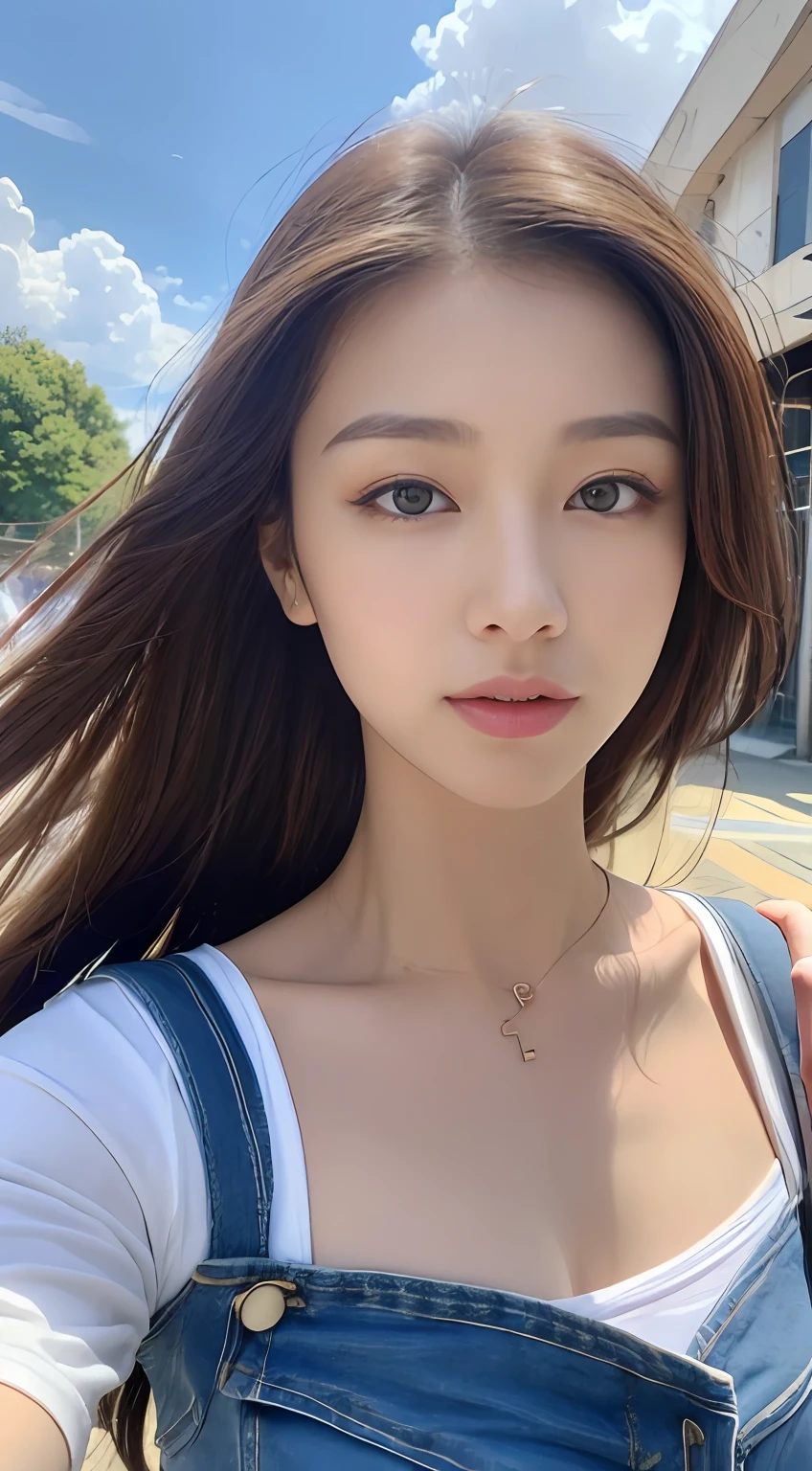(Daytime, Excellent, 8K, Masterpiece:1.3)), Full body, Long legs, Focal length: 1.2, Perfect Body Beauty: 1.4, Slim Abs: 1.1, ((Dark Brown Hair, Big Breasts: 1.2 )), (White Skinny T-shirt, Denim Suspenders, Standing: 1.2), ((City, Blue Sky and White Clouds: 1.3)), Highly detailed face and skin texture, Detailed eyes, Double eyelids, Flying long hair