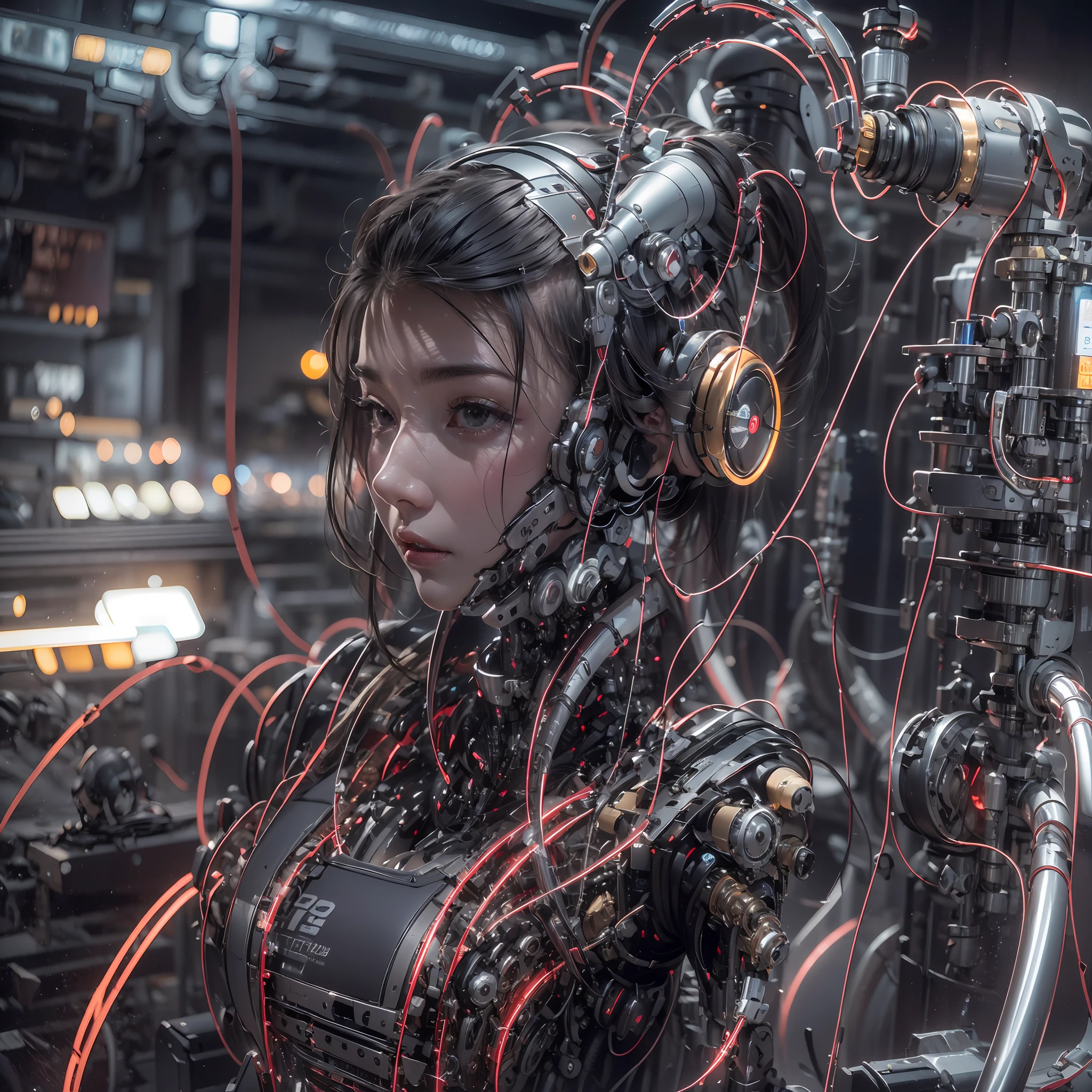 best qualtiy, tmasterpiece, Ultra-high resolution, Rendered with camera-like realism, real photograph,(((( A mechanical girl)))),((Solo)),((Perfect facial features,delicated face)),((Clean face)),((There is nothing else on the face)), highly realistically detailed, Panoramic lighting effects, Fine and accurate shading representation, rendering by octane, 8K分辨率, Reveal vivid skin details, Representation of metallic materials, Depicting vacuum tubes、Liquid tubes、oil pressure gauges、glass tubes、Simulate details such as meters, Highlight the details and movement of gears, The performance of gold hydraulic cylinders, realism light effect, Face the audience's gaze, Depict neon details in detail, Mechanized body parts, The blood vessels connected to the catheter, The mechanized spine is attached to the back, Mechanical attachment attached to the neck, Present a sitting position,Depict the wires and cables connected to the head,