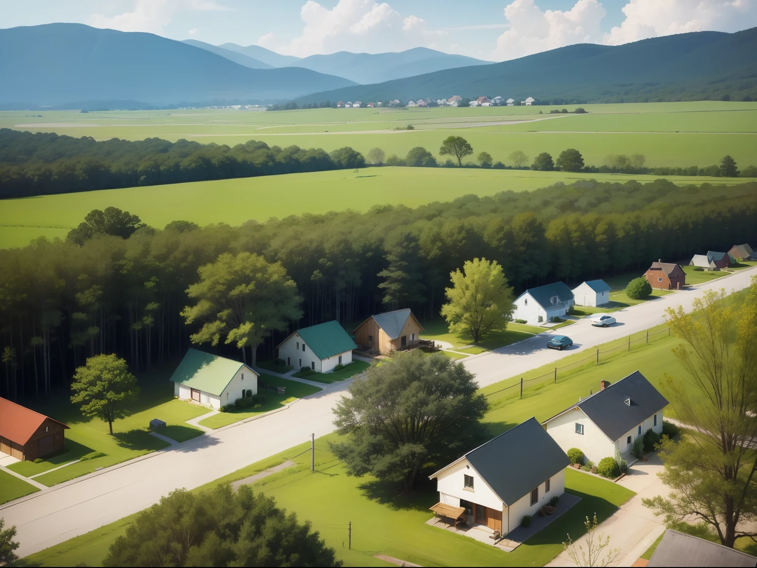 Small southern town,Small cottages with staggered heights,Small trees and flowers