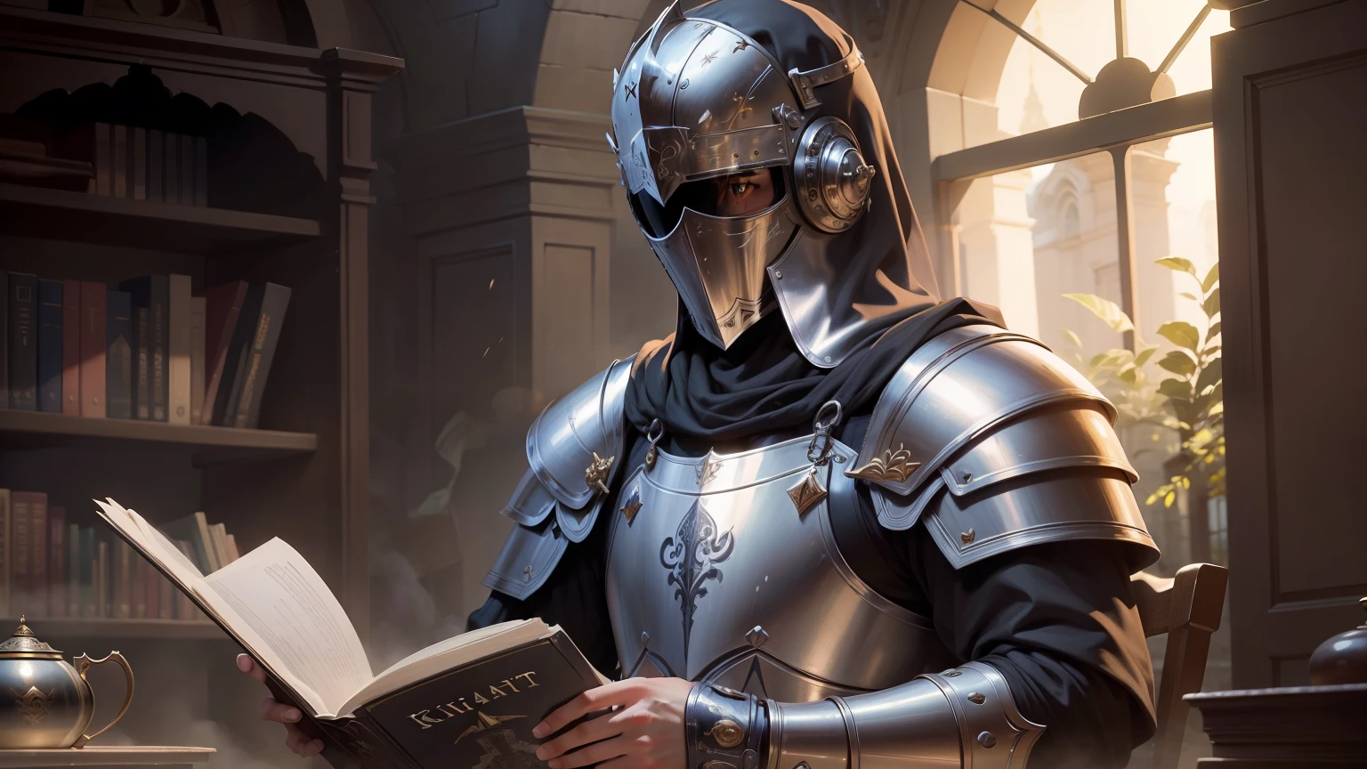 ((4k,masterpiece,best quality)), ai dressed as knight that reads story