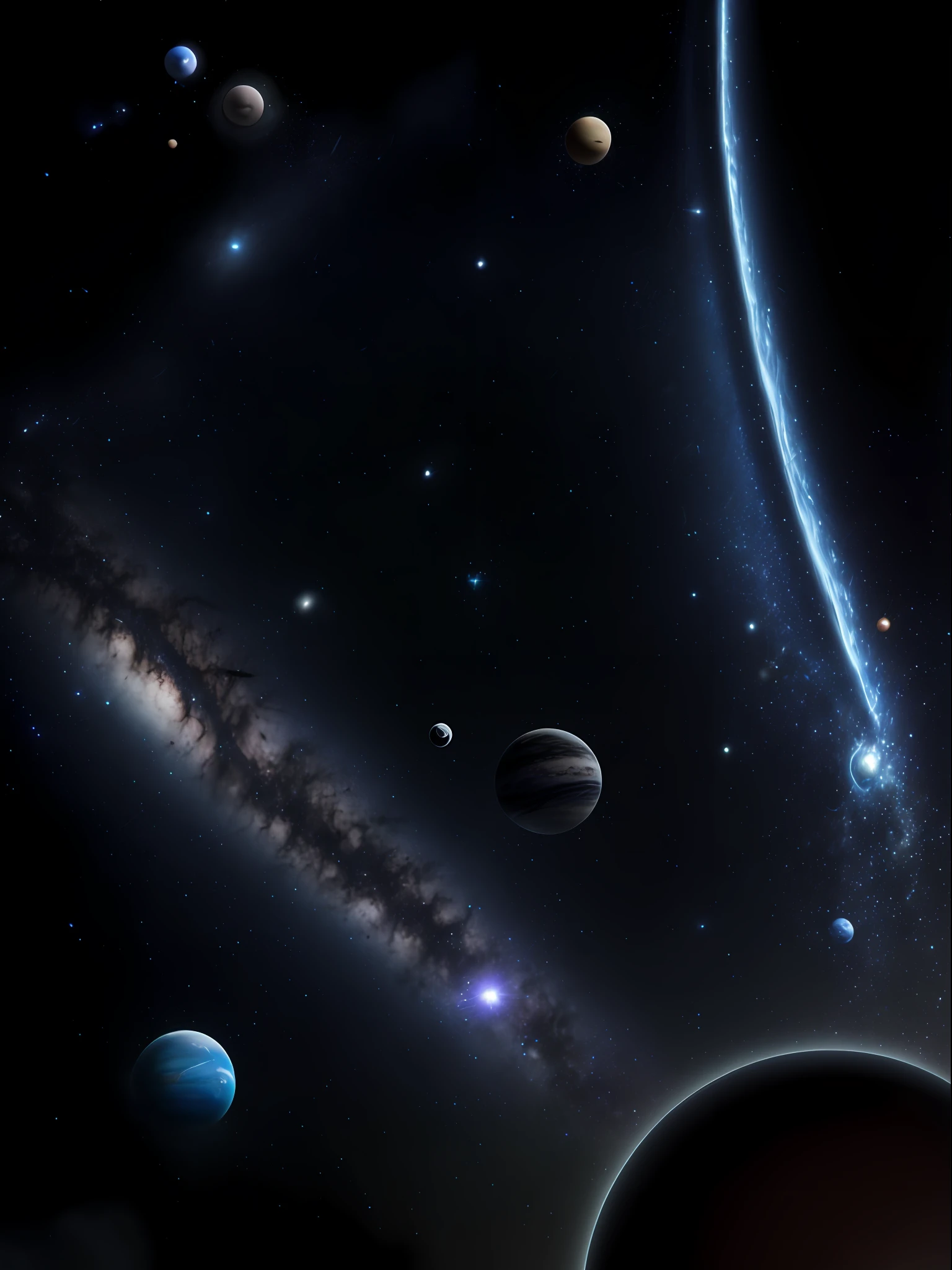 There is a planet in the lower right corner,Reduce the planet,Multipoint star,Milky Way scene,Nebula scene,Space scene with close-up of planets and meteors, planets and stars,In the universe. Simple colors,Black and white, Highly realistic, space sky, on a galaxy looking background, Galactic Space Sci-Fi - FI Cosmic Starry Sky Background,stars in background,Clean background,The solar system is habitable,Alien lands,A planet light-years away,The large,Exoplanets,8K resolution,ultra - detailed,best qualtiy, Hyper-realistic, photorealestic, 8K, photore, Wandering Earth,star war, cinematic photogtaphy, cinematic lighitnglamplight, cinema shot, black background centered, Universe I Universe, cinematic ligh, Full-HD, 1080p, 2K, 4K 18K 8K Ultra HD,focus-on、professinal、quality