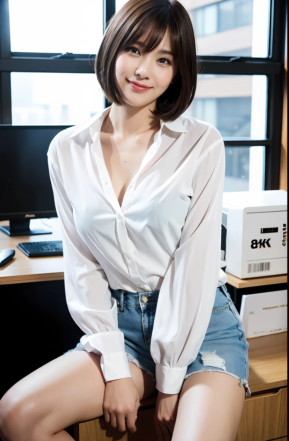 ((8K:1.27)、top-quality、masterpiece、超A high resolution:1.2)Photo beautiful Chinese woman(pleasing:1.1) (White shirt:1.21) Design by Gregg Lutkowski and Alphonse Mucha Intricate Elegance、Fantasia、the detail、Geometry、Gradient lighting、1girl in、Delicate skin、looking at the viewers、Brown-eyed、(short hair with bangs:1.2)、(Medium chest:1.0)、(medium areola:0.8)、(realisitic:1.4)、(top-quality:1.0)、(超A high resolution:1.0)、8K、Raw photography、(masterpiece:0.2)、(pureerosface_v1:0.5)、 white clothes、(cowboy shot)、Hold the file in both hands、a smile、24 year old、Naughty face、From the knee up、White-based office、Large office、Computers lined up on many desks、