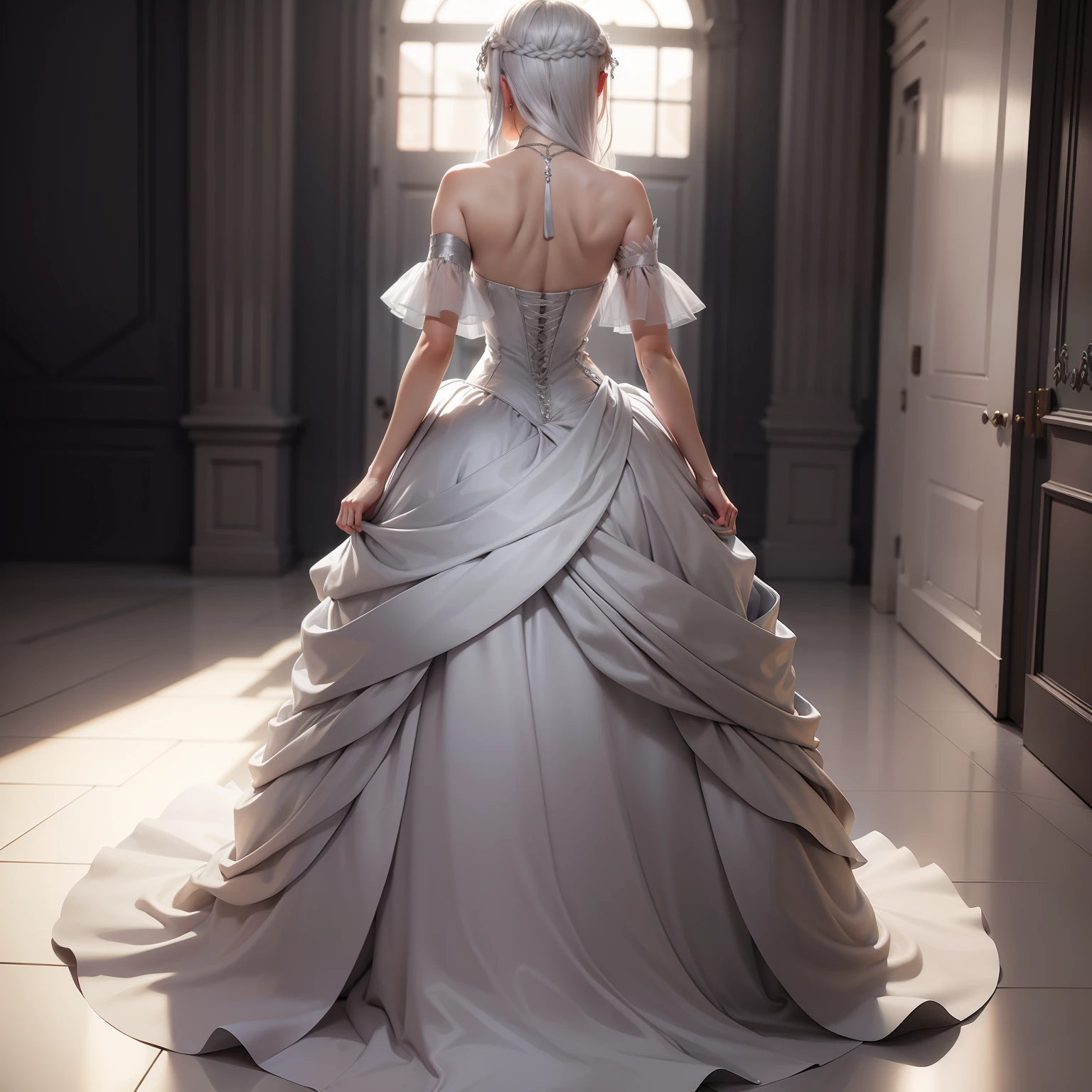 Silver hair evening dress open back full body gray pupils