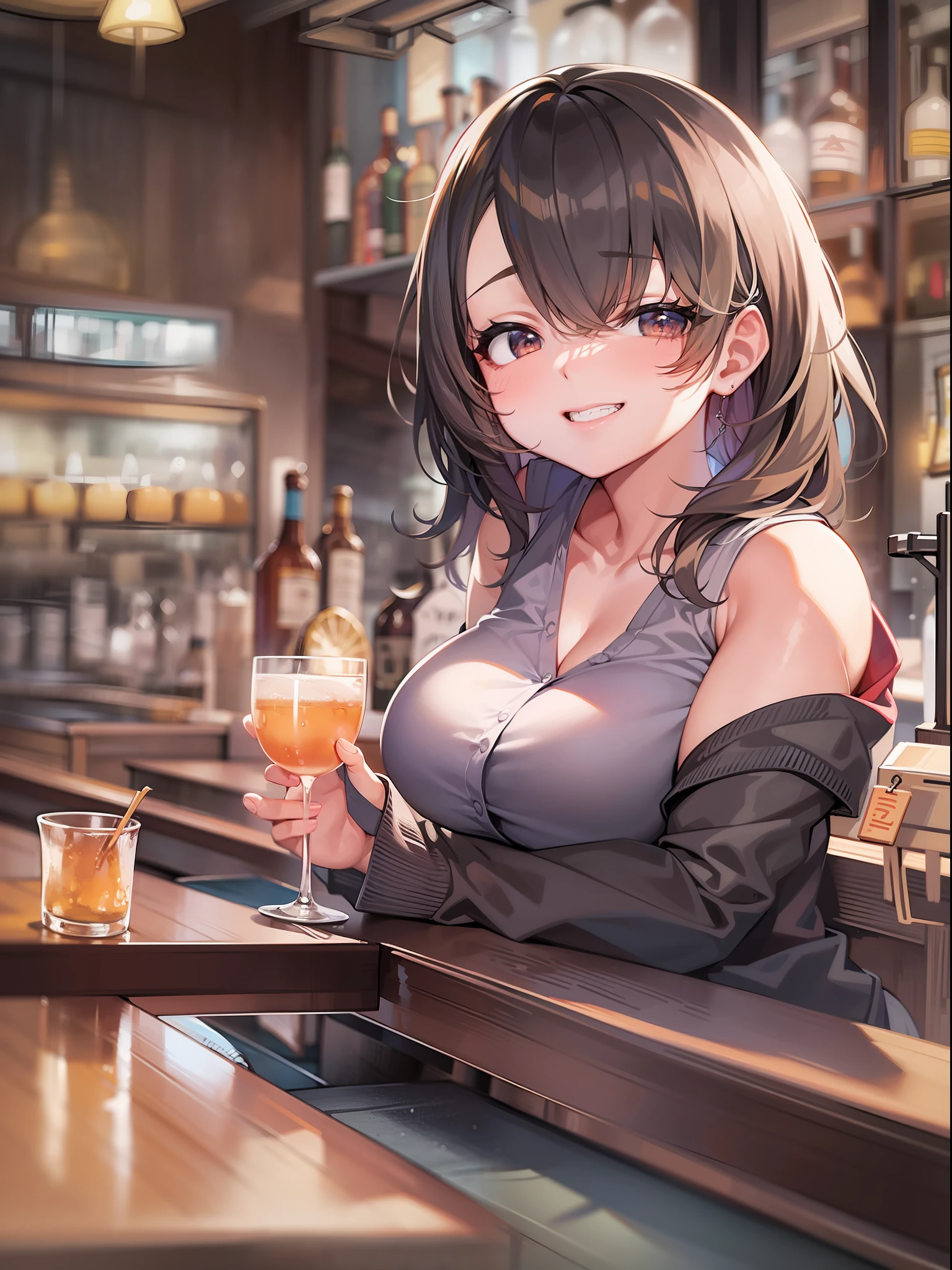 、A 40-year-old woman、Sitting at a bar,bar、Ultra huge breasts、