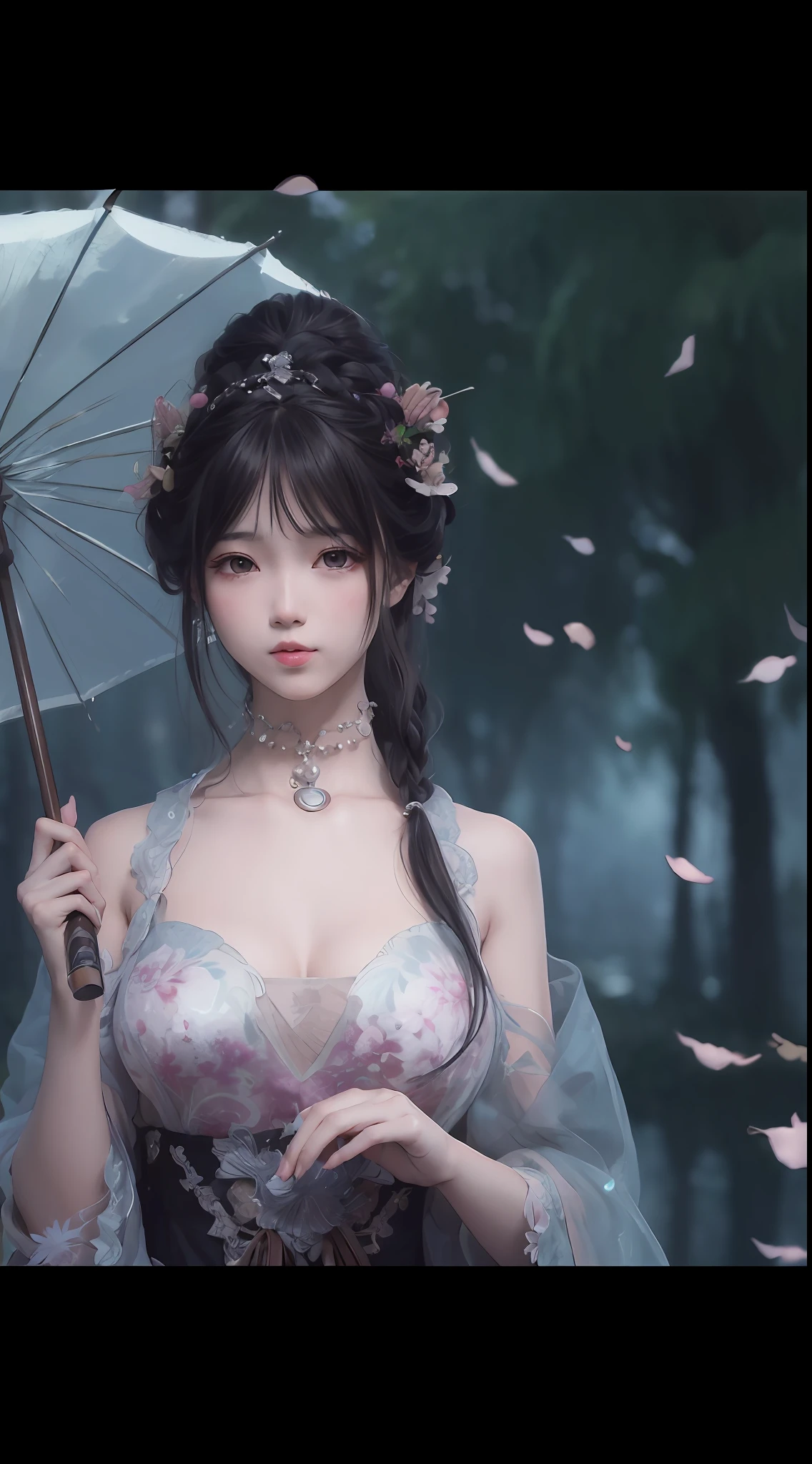 tmasterpiece,best qualtiy,offcial art,8k wallpaper,The is very detailed,illustratio,1个Giant Breast Girl,Black hair,long whitr hair,Umbrella in hand,Detailed eyes,exposed bare shoulders,Hanfu,lakes,pure,softl smile,bamboos,teas