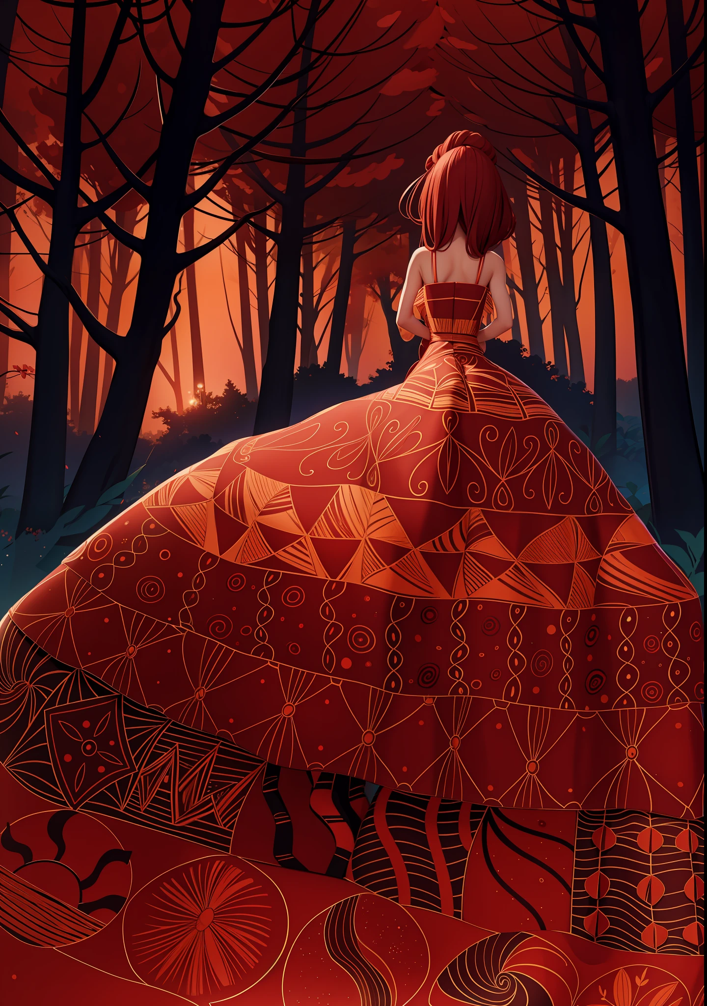 The back of a woman，A dress painted with a dreamy pattern，Red forest in the background