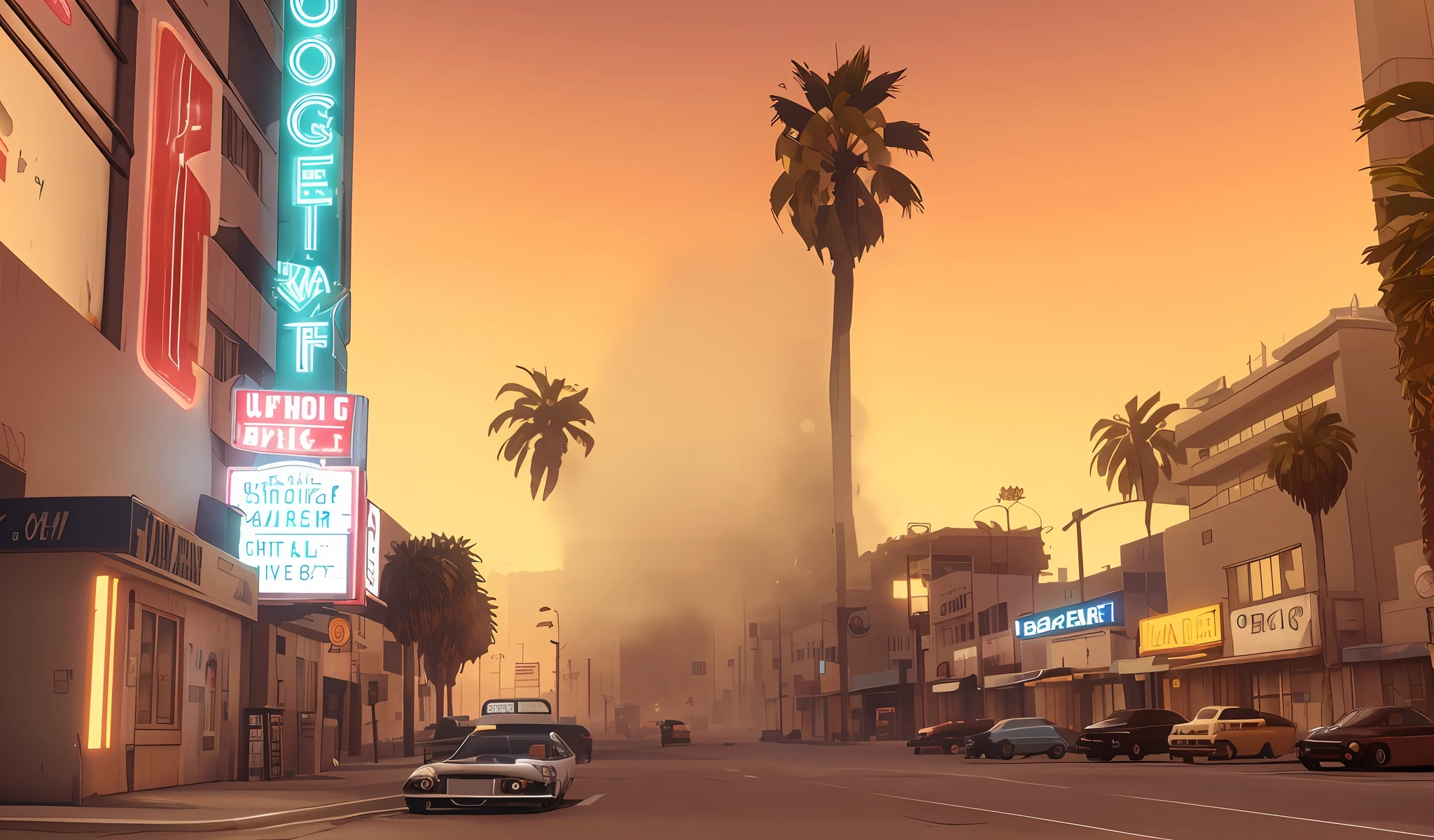 cars are driving down a street in a city at sunset, gta v loading screen art, style of gta v artworks, gta loading screen art, dusty street, cinematic screenshot gta 5, octane render. fog, gta 5 loading screen, gta v loading screen, gta v screenshot, screenshot from gta v, gta 5 screenshot, gta v art, gta loading screen