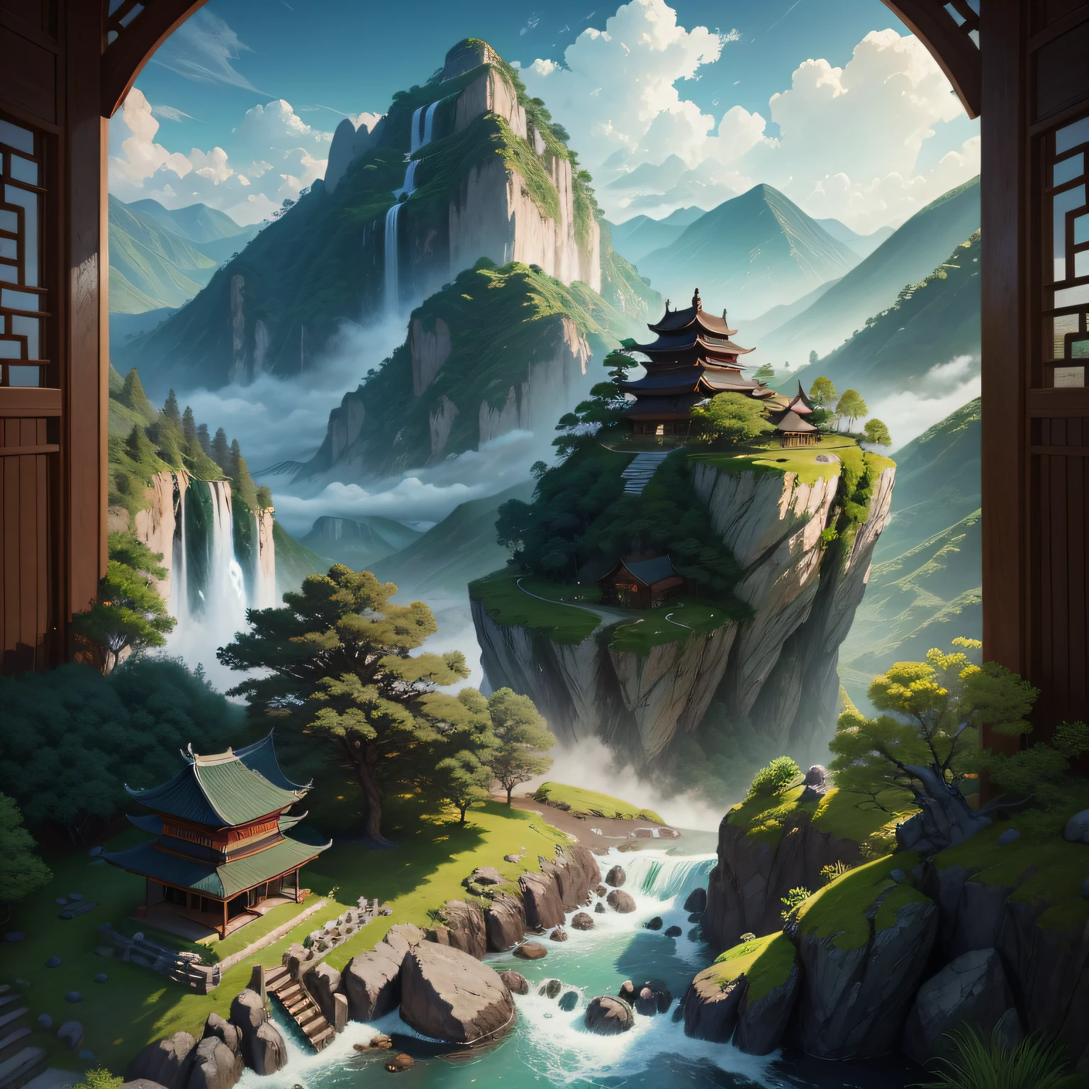 An ancient Chinese painting, ancient chinese background, mountain ranges, rios, Auspicious clouds, gully、on the land,The shape of the mountain、Lines of water、The village is undulating,The mountain of Baoan Stone Rock、flod、Habitat grows one by one along the pattern pattern,"Only this green green" wind of historical stone rock Super detail, Epic composition, hyper HD, high qulity,offcial art