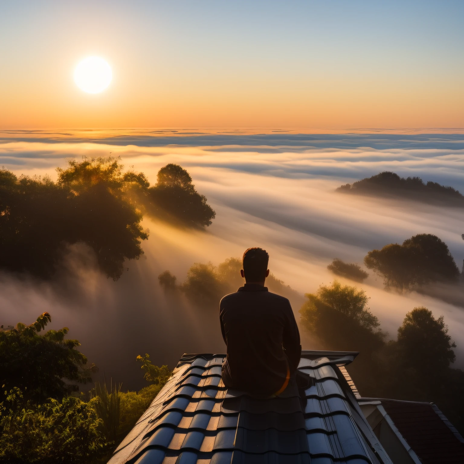 A man sitting on the roof of a house, morning, sun, mist
