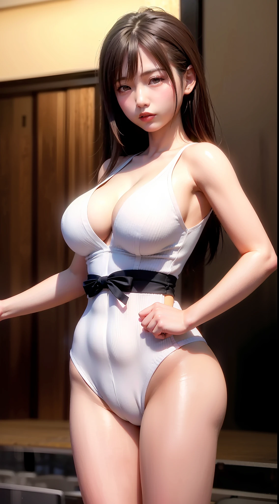 ((top-quality、8K、​masterpiece:1.3))、((Cute girl with perfect body shape:1.5、brown haired、tits out:1.0、Rin々Shishi Face、Karate Doshi、black belt))、Highly detailed facial and skin texture、A detailed eye、二重まぶた、inside dojo、karate((opens legs、Stand with your hips down、Stick your fist out in front of you、Powerful))、with light glowing、natural soft light、