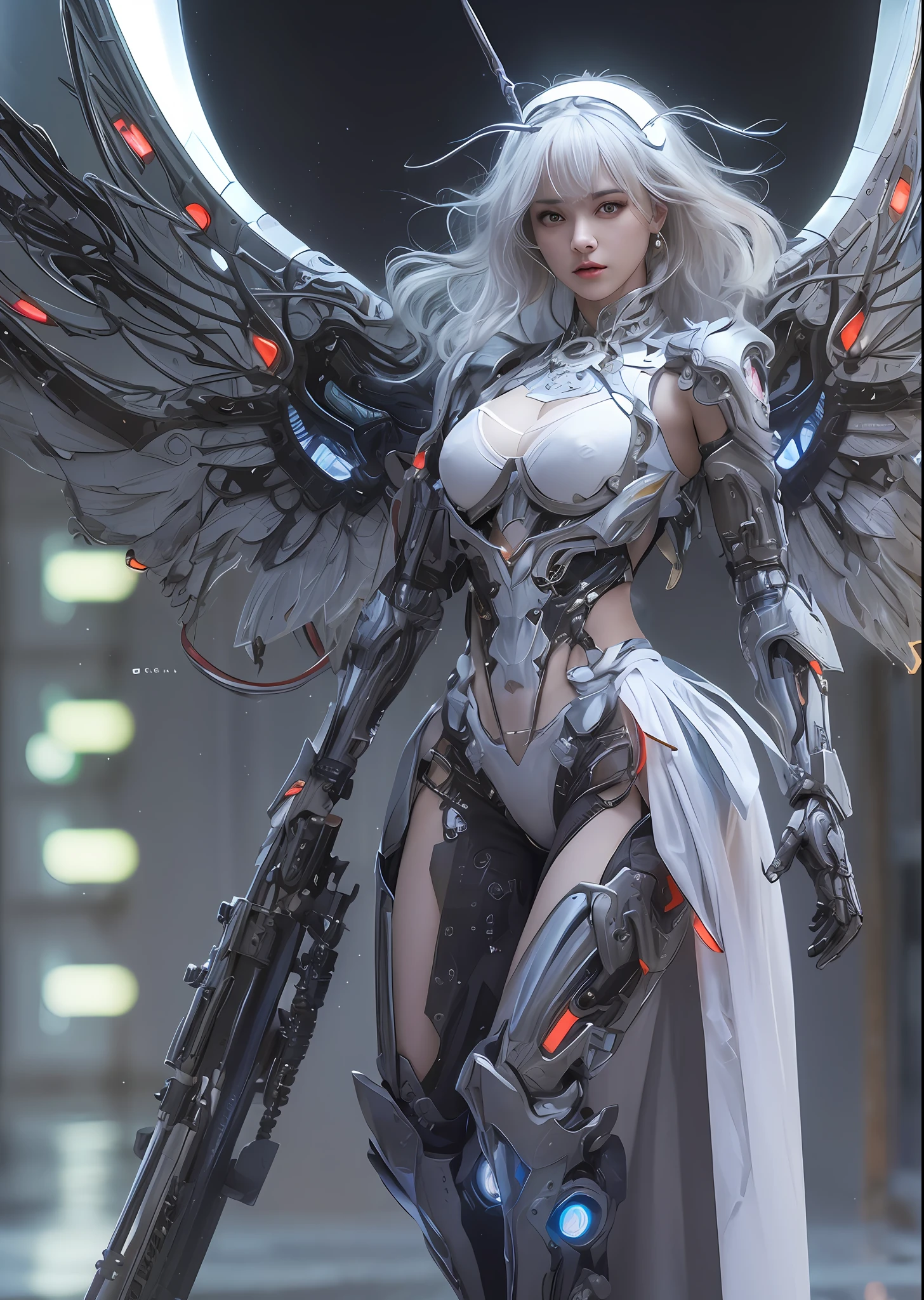 top-quality、masterpiece、超A high resolution、(Photorealsitic:1.4)、Raw photo、Cyborg Angel、large wings made of metal、White porcelain body、white hair、glowy skin、1 Cyborg Girl、((super realistic details))、portlate、globalillumination、Shadow、octan render、8K、ultrasharp、character edge light,Colossal tits、Raw skin is exposed in cleavage、Details of complex ornaments、Detailed Hydraulic Cylinder in Sumer、Small LED lamp、highly intricate detail、Realistic light、a purple eye、radiant eyes、Facing the camera、neon details、cowboy shot、Futuristic headgear、About Cyberpunk、、