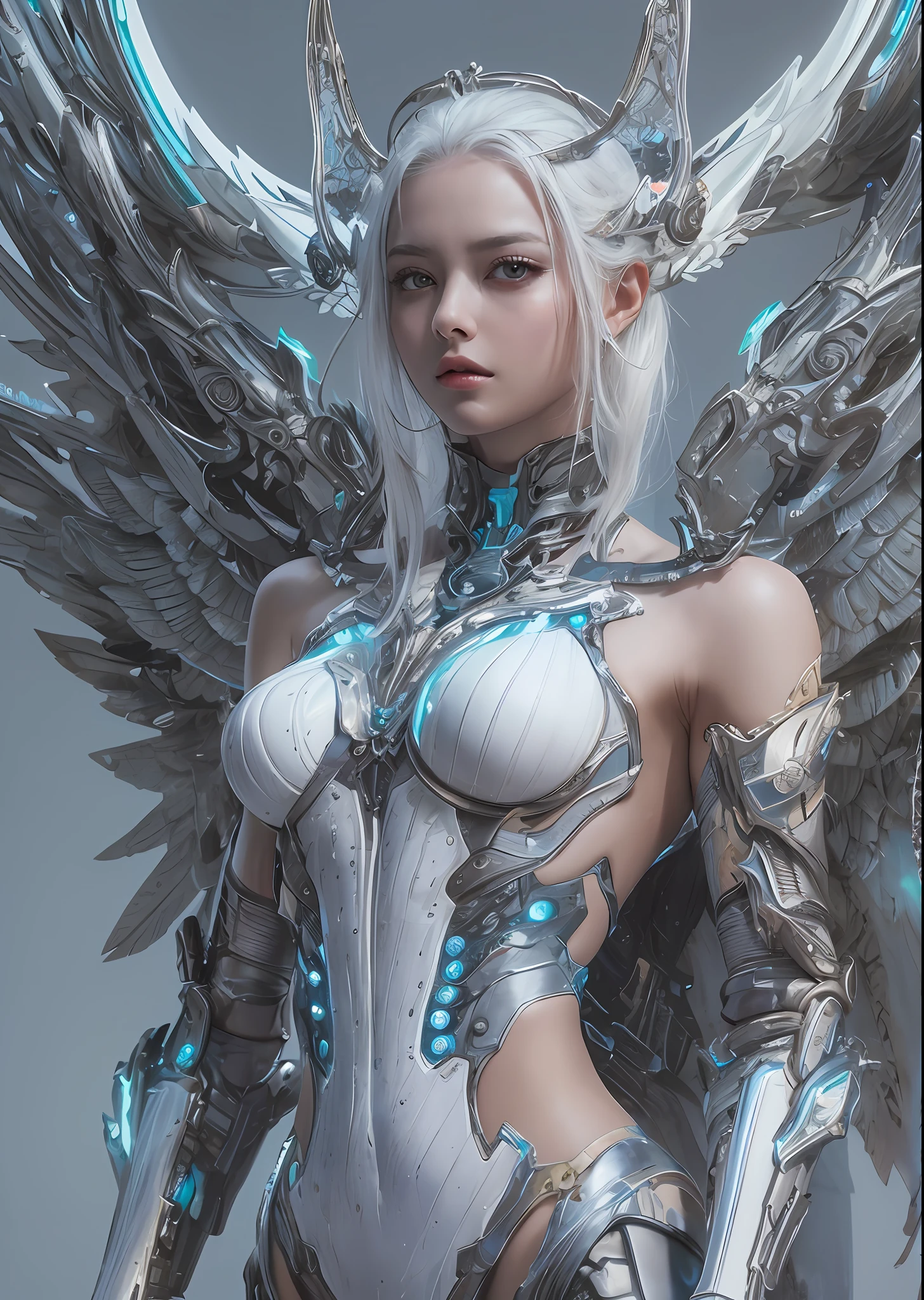 top-quality、​masterpiece、超A high resolution、(Photorealsitic:1.4)、Raw photo、Cyborg Angel、large wings made of metal、White porcelain body、white  hair、glowy skin、1 Cyborg Girl、((super realistic details))、portlate、globalillumination、Shadow、octan render、8K、ultrasharp、character edge light,Colossal tits、Raw skin is exposed in cleavage、Details of complex ornaments、Detailed Hydraulic Cylinder in Sumer、Small LED lamp、highly intricate detail、Realistic light、a purple eye、radiant eyes、Facing the camera、neon details、cowboy  shot、Futuristic headgear、About Cyberpunk、、