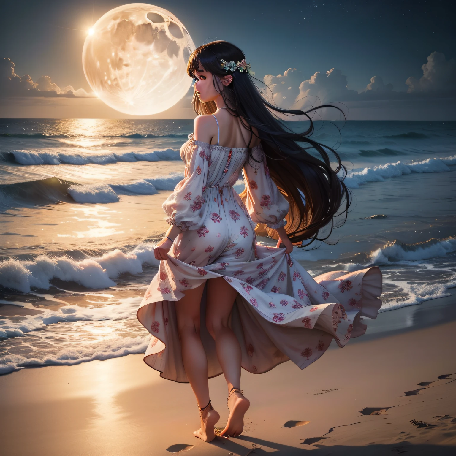 the night,sandbeach,themoon,dressed in,Floral dress,The barefoot,dance,long hair girl