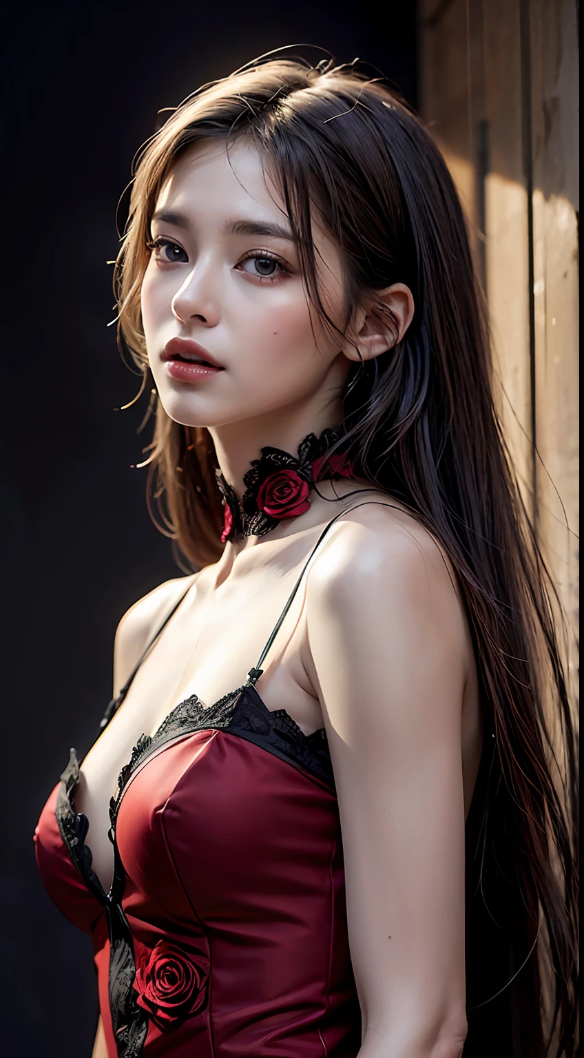 Fantasy, 1girl, (fractal clothes:1.4, intricated), black and red, roses, lightweight grey hair, extremely detailed, dynamic angle, full shot, elegant, rembrant color, romanticism, by roby dwi antono, atmospheric, ecstasy of wind, Masterpiece, best quality, delicate and beautiful, high-res CG illustration, insane detailed,