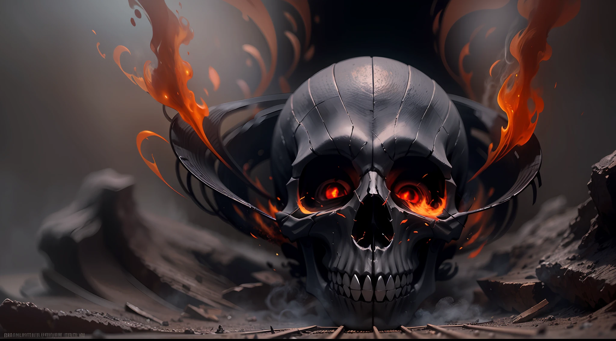 Black smoke skull，The eyes are red flames... high-definition picture quality，24K HD detailed description，Master painting，Exposed teeth，Complete skull