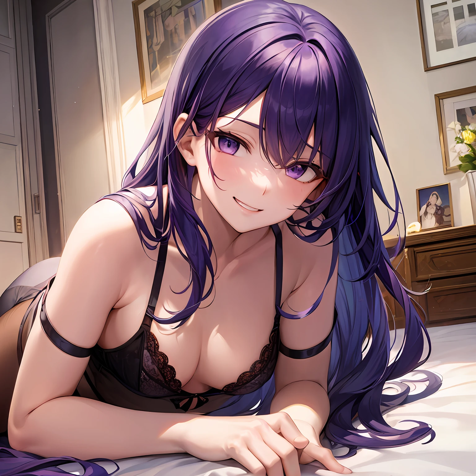 Purple hair,Masterpiece, top quality, high resolution, solo, loose hair, small breasts, indoors, misaligned bra, lingerie (range: 1.2), close focus, pantyhose, lying down, top, very_long_hair, bed, shaggy boyshorts, pantyhose, heavy breathing, sexual expression invite, smiling
