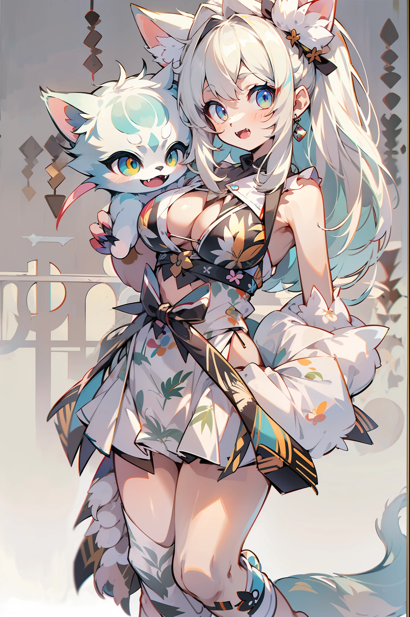 master piece,hyper quality, Hyper Detailed,Perfect drawing,1 beautiful girl、((maikurobikini))((Cat Print Bikini))、(Munchkin ears)、(Munchkin tail)、(Munchkin Palm)、Munchkin's legs、Munchkin Hand、sharp claws、Sharp fangs、Eyes aiming at prey、white hair、Dark eyes、Height 175cm、measurement B90W55H85、Kneeling、pow pause