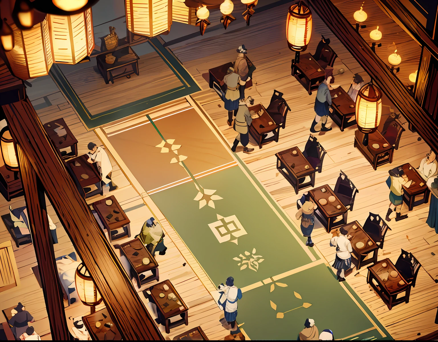 There are plenty of tables and chairs in the restaurant with a big clock, restaurant!, feudal japanese setting, restaurant!!, immensely detailed scene, rpg scene, isometric game art, upscale restaurant, incredible isometric screenshot, tatami galaxy, disco elysium style!!!, A scene from the《azur lane》videogame, disco elysium style, Anime landscape concept art