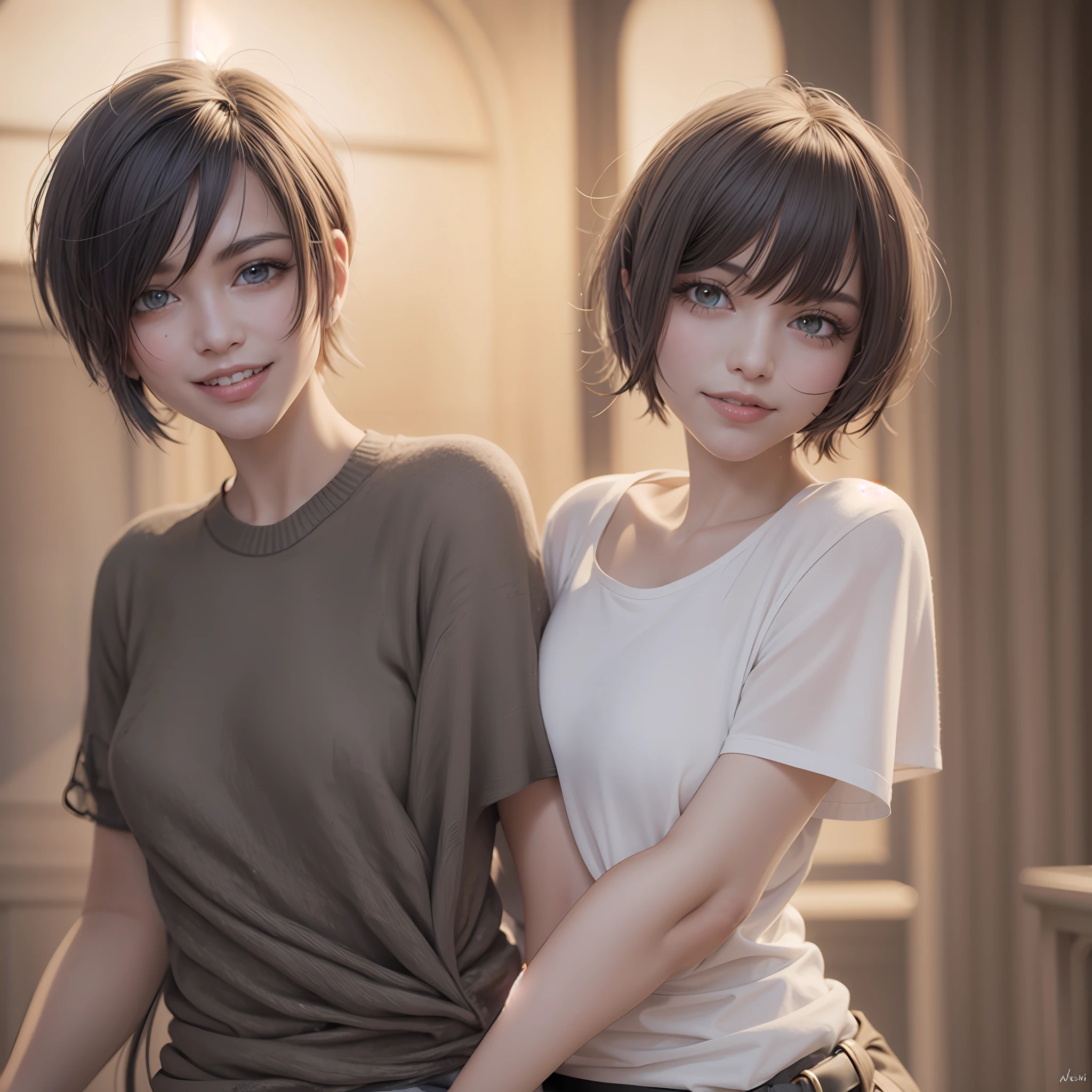 short cut hair, smile,