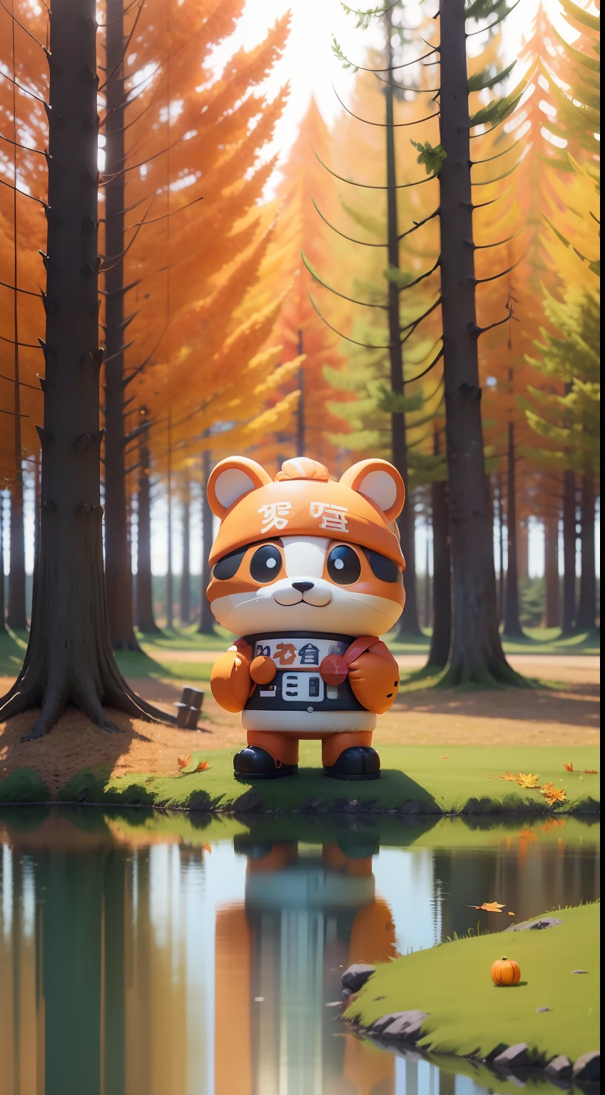 An operational poster with a mascot-themed theme in the fall，3D styles can be used to enhance visual effects，Contains the following elements： A cute mascot，The mascot presents a 3D model。The background is by the lake，In the forest。Holding a camera and taking pictures。This poster shows both the theme of autumn。Overall 3D style